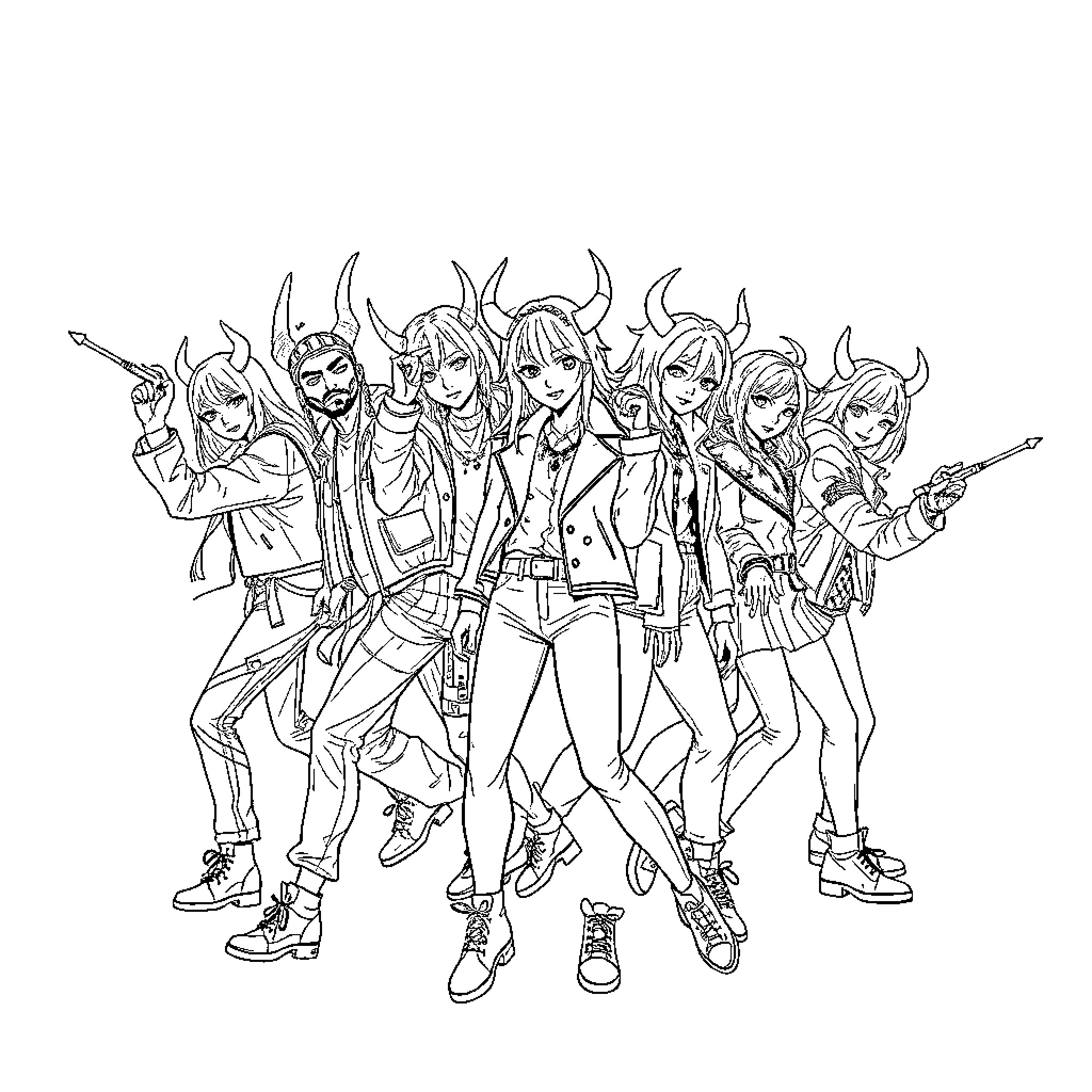 Demon Hunter Squad in Action Poses Coloring Page (free black-and-white line drawing printable PDF for all, from beginners to advanced learners, including children, teens, adults, and seniors)
