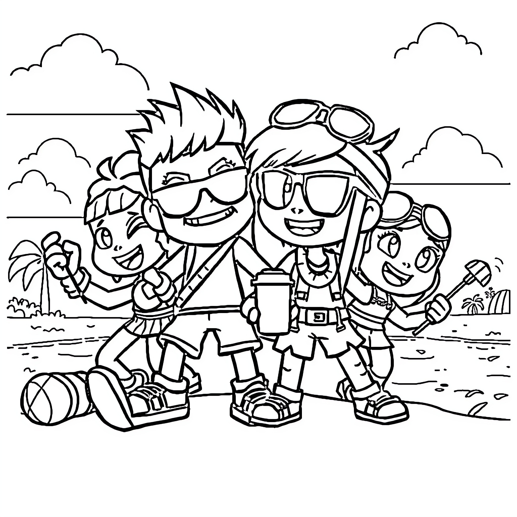 Brawl Star characters in a playful outdoor scene Coloring Page (free black-and-white line drawing printable PDF for all, from beginners to advanced learners, including children, teens, adults, and seniors)
