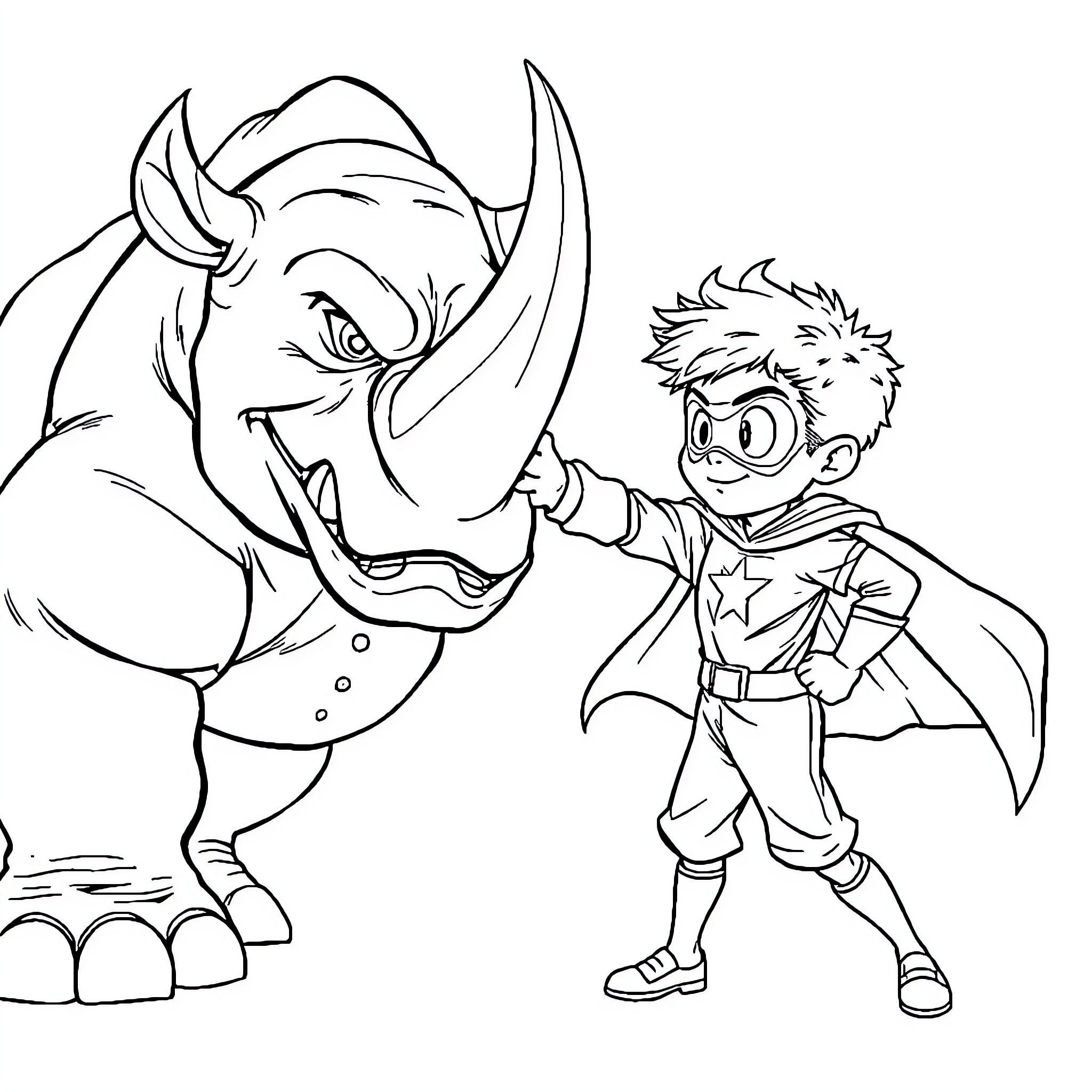 Boy befriends fierce rhino in fantasy adventure Coloring Page (free black-and-white line drawing printable PDF for all, from beginners to advanced learners, including children, teens, adults, and seniors)