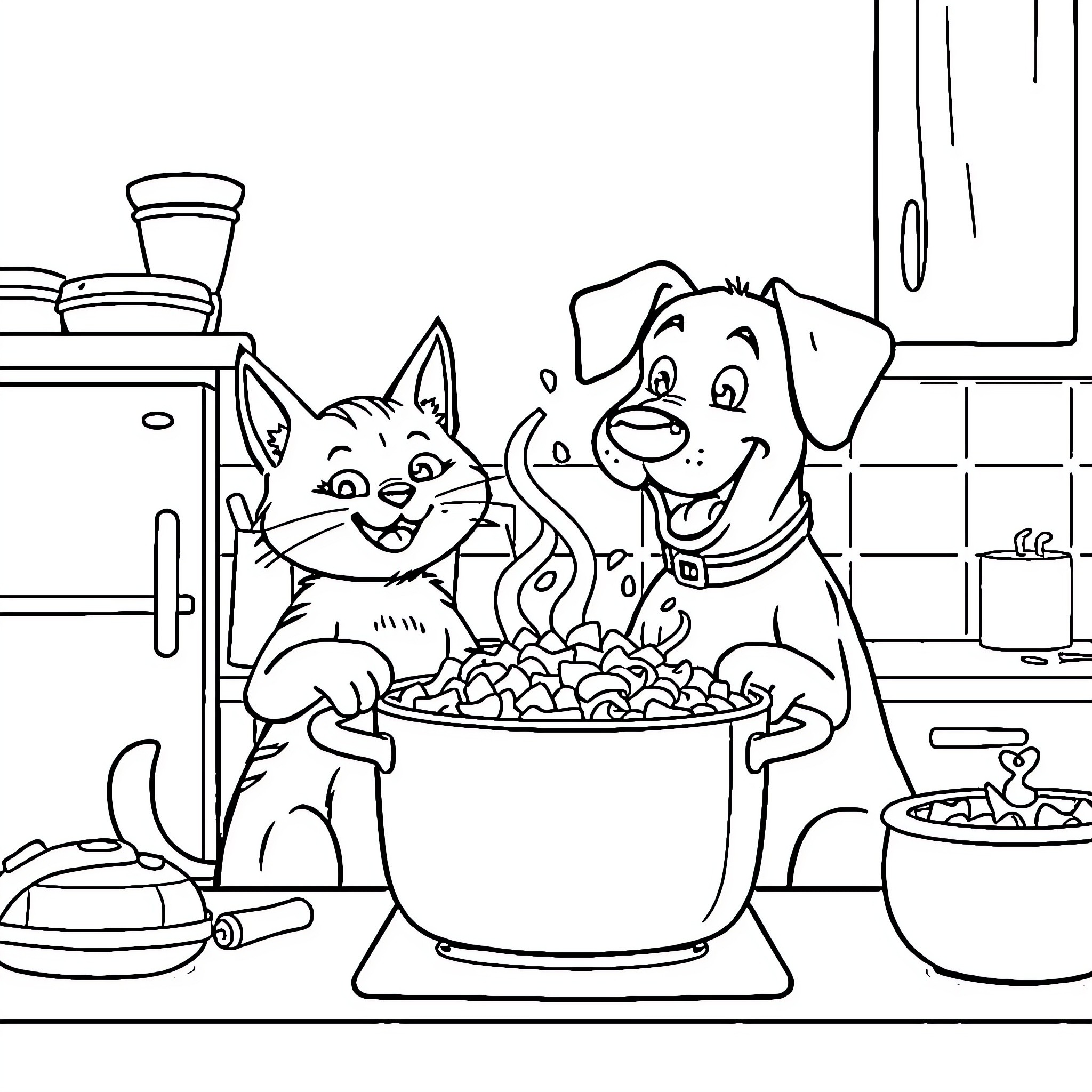 Cat and Dog Sharing a Meal in the Kitchen Coloring Page (free black-and-white line drawing printable PDF for all, from beginners to advanced learners, including children, teens, adults, and seniors)