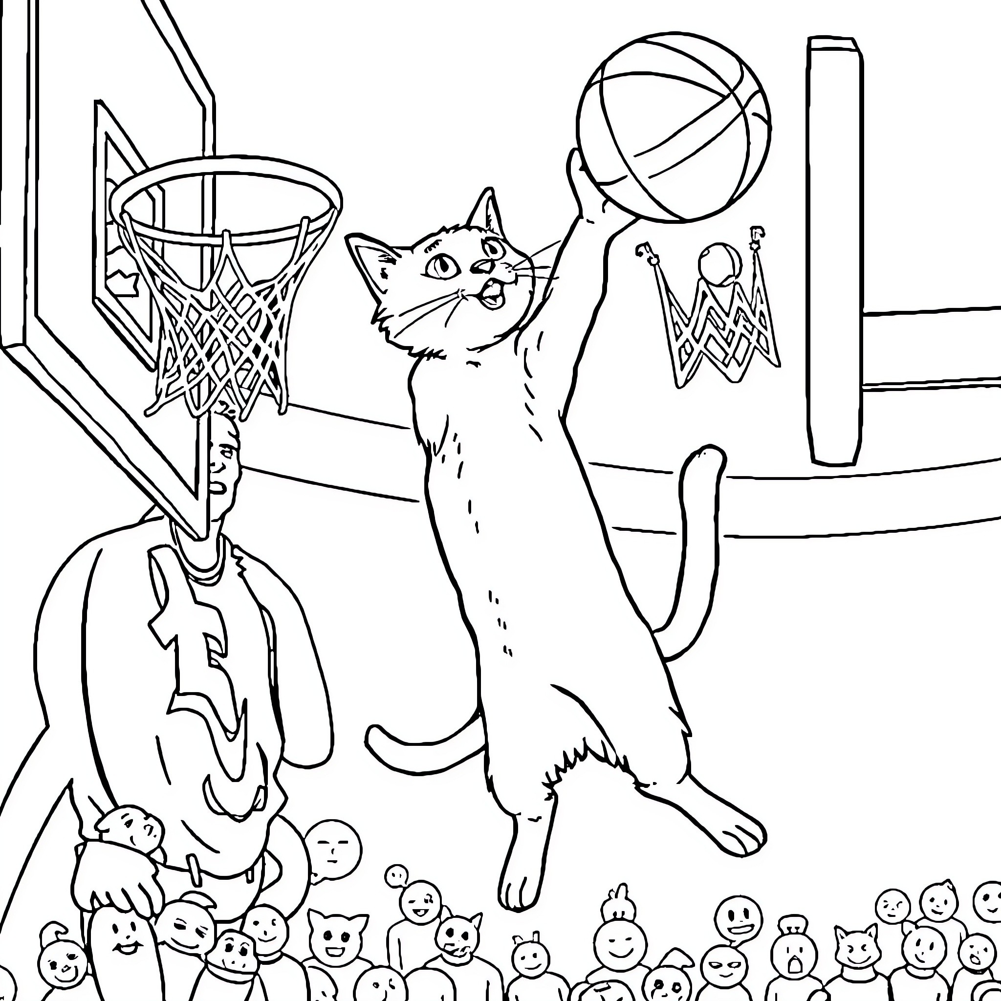 Cat playing basketball on court Coloring Page (free black-and-white line drawing printable PDF for all, from beginners to advanced learners, including children, teens, adults, and seniors)