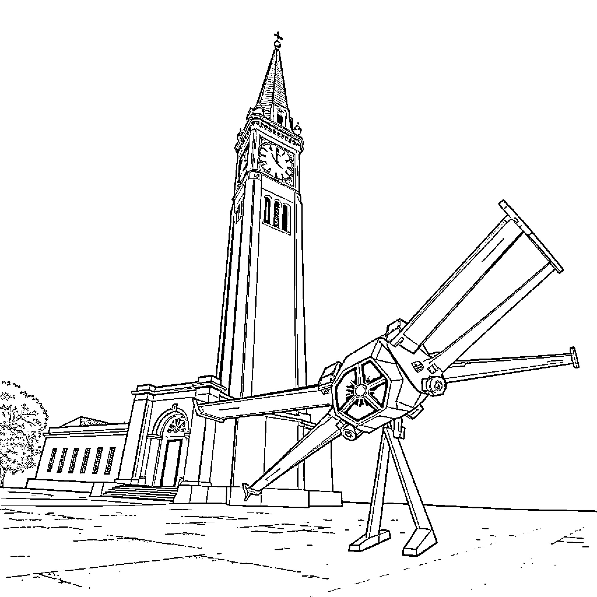 Clock Tower with Astronomical Telescope Coloring Page (free black-and-white line drawing printable PDF for all, from beginners to advanced learners, including children, teens, adults, and seniors)