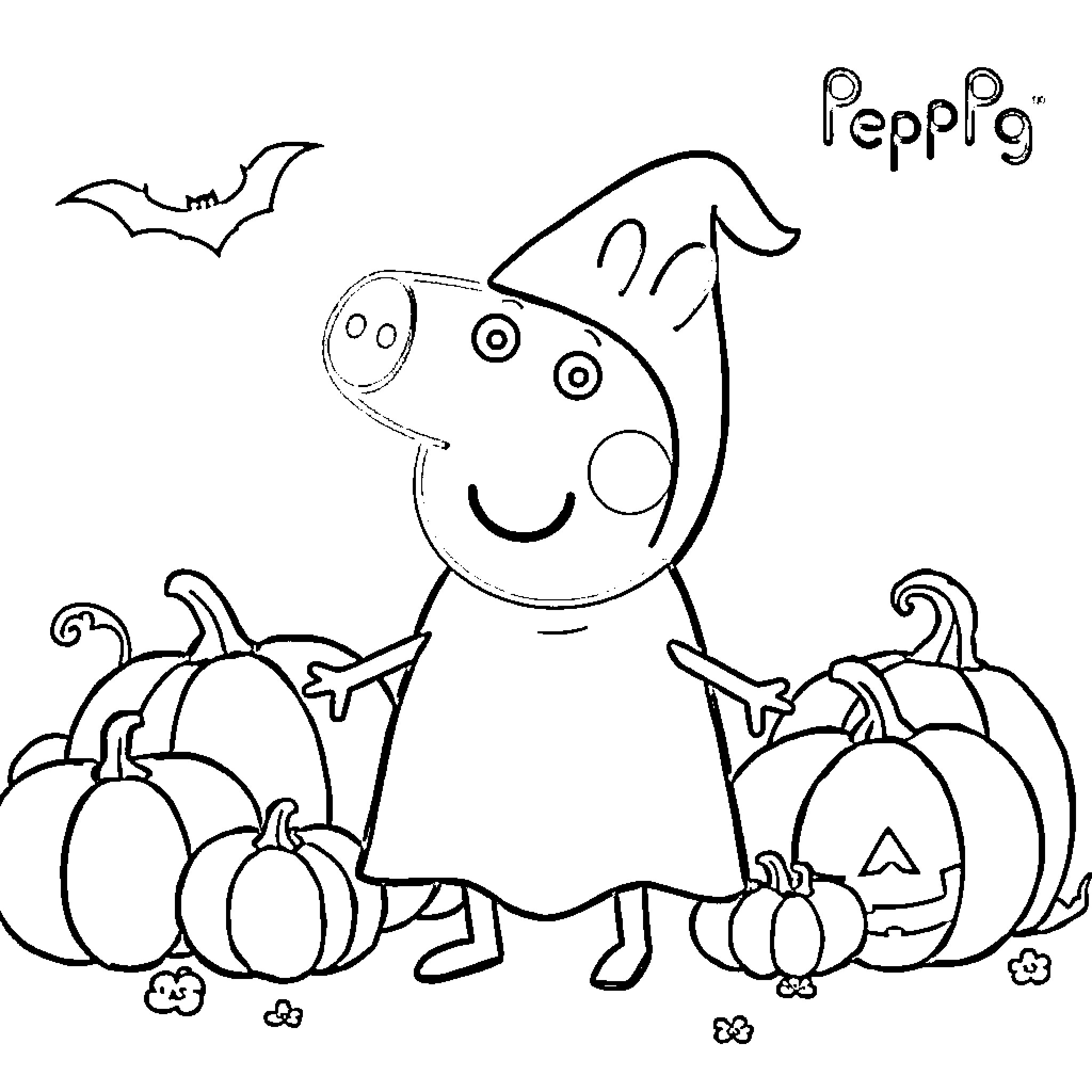 Peppa Pig enjoying Halloween with pumpkins and bats Coloring Page (free black-and-white line drawing printable PDF for all, from beginners to advanced learners, including children, teens, adults, and seniors)