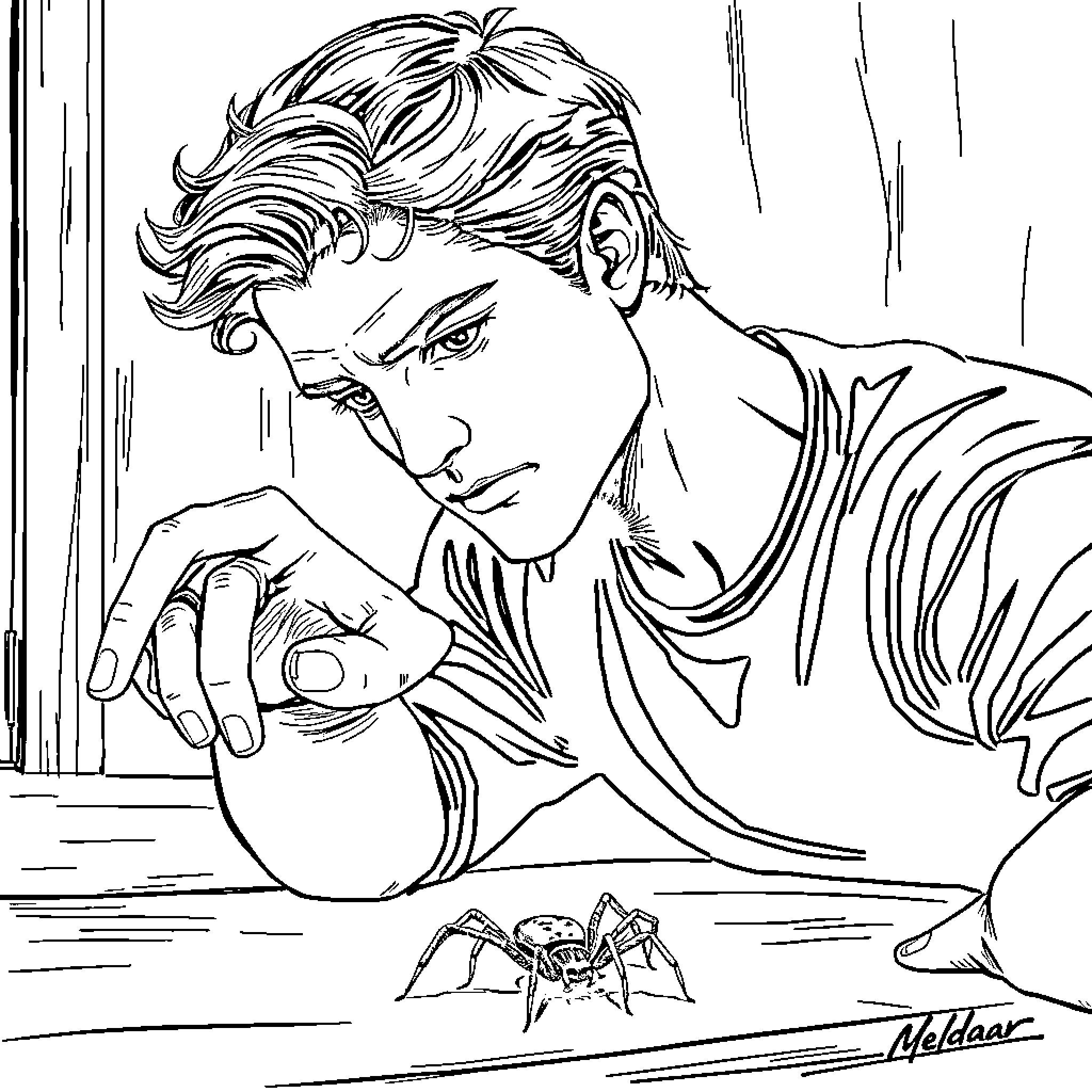 Edward's Curious Encounter with a Peculiar Creature Coloring Page (free black-and-white line drawing printable PDF for all, from beginners to advanced learners, including children, teens, adults, and seniors)