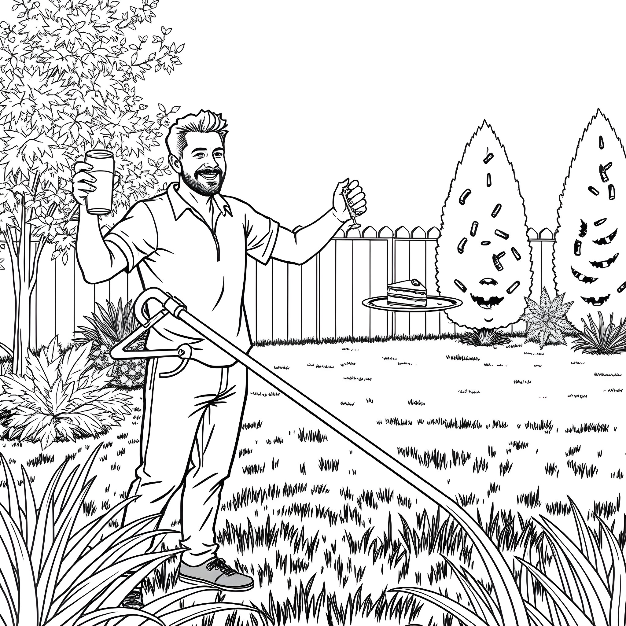 Man gardening and enjoying beverages in nature Coloring Page (free black-and-white line drawing printable PDF for all, from beginners to advanced learners, including children, teens, adults, and seniors)