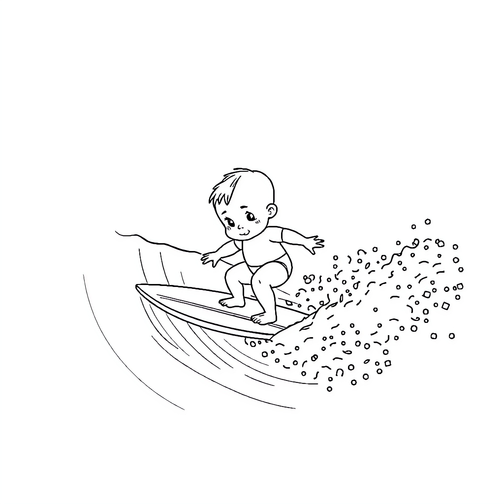 Baby surfs on a boat with splashing waves Coloring Page (free black-and-white line drawing printable PDF for all, from beginners to advanced learners, including children, teens, adults, and seniors)