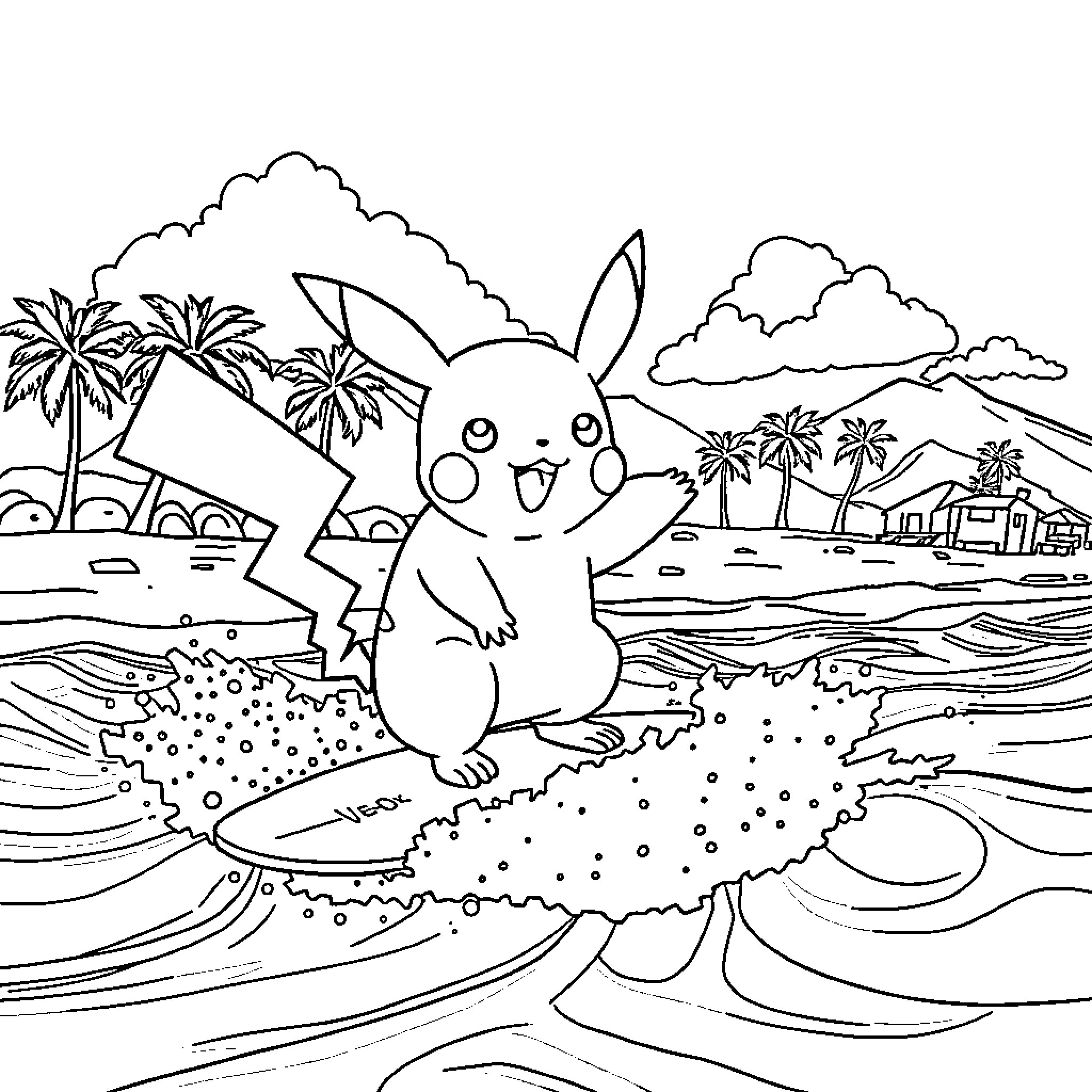 Pikachu enjoying a tropical beach adventure Coloring Page (free black-and-white line drawing printable PDF for all, from beginners to advanced learners, including children, teens, adults, and seniors)