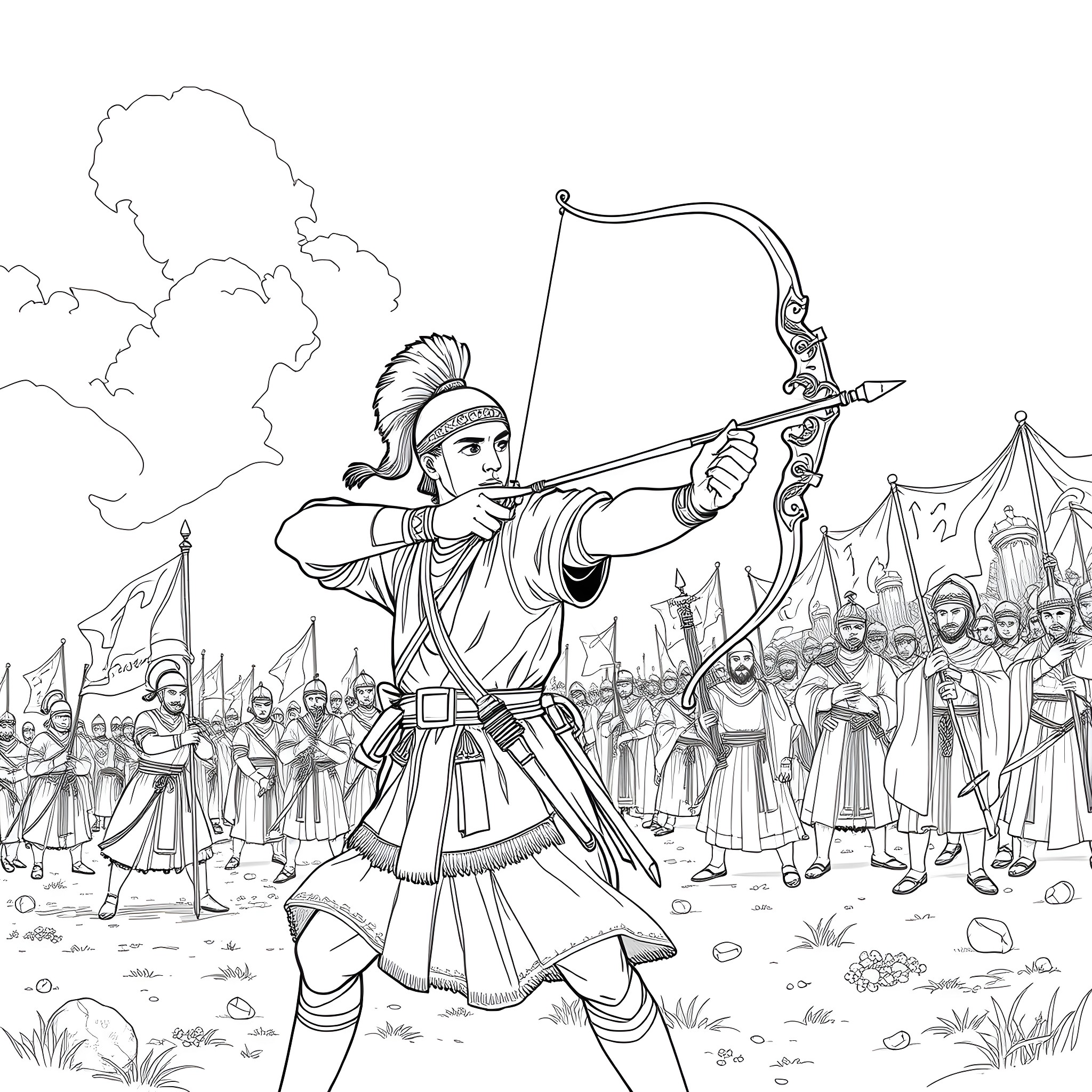 Janissary archer leading a military procession Coloring Page (free black-and-white line drawing printable PDF for all, from beginners to advanced learners, including children, teens, adults, and seniors)