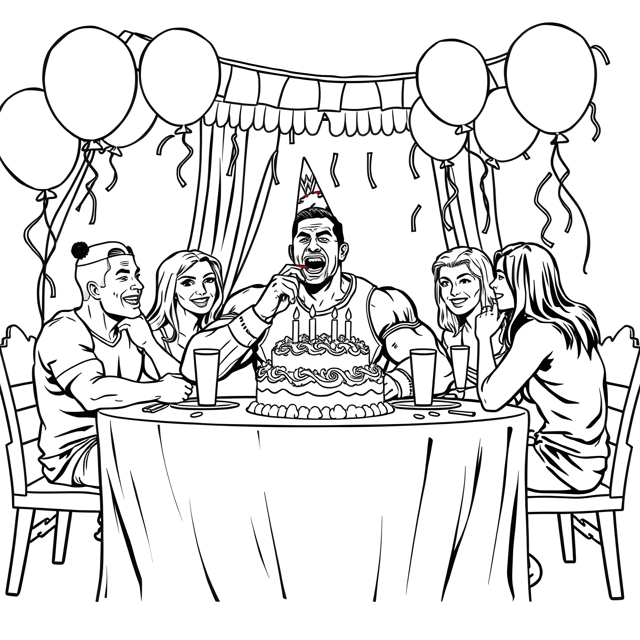 John Cena celebrates birthday with friends and cake Coloring Page (free black-and-white line drawing printable PDF for all, from beginners to advanced learners, including children, teens, adults, and seniors)