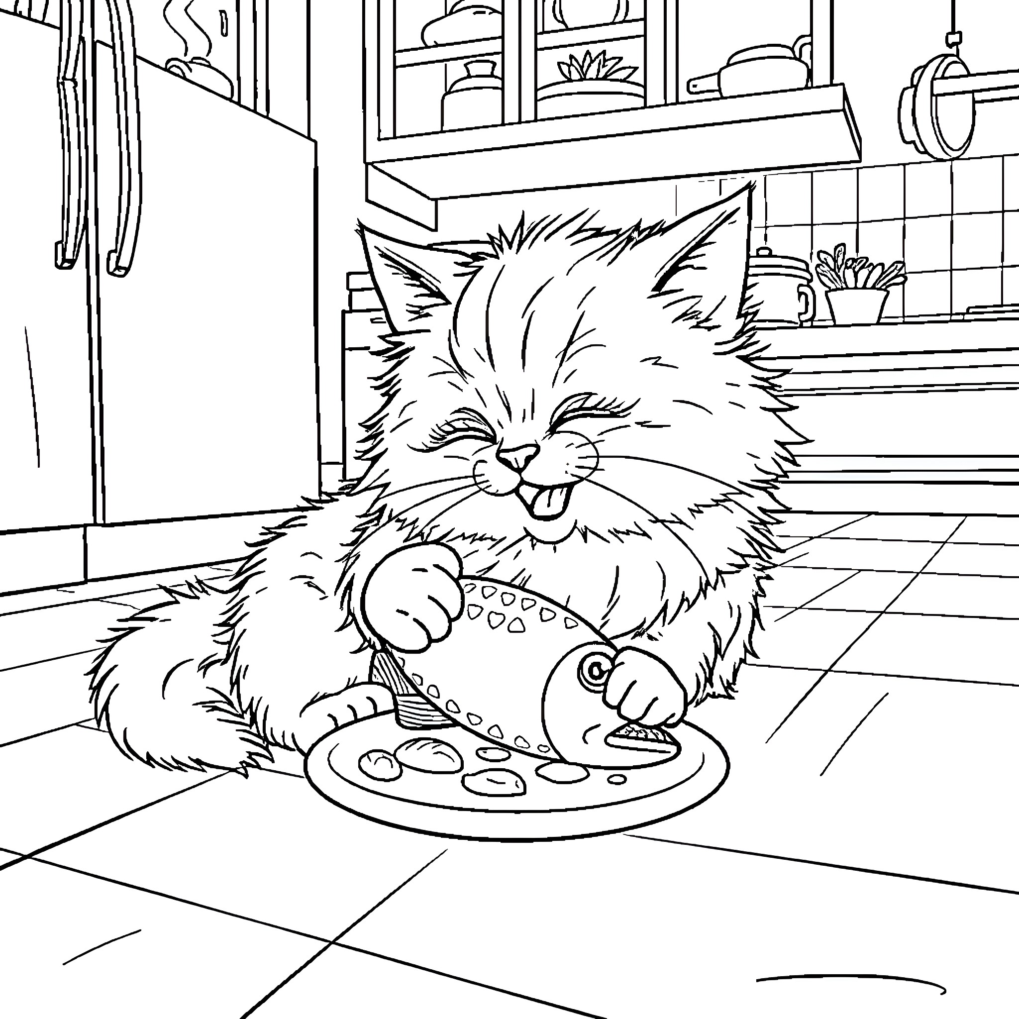 Cat enjoying a tasty meal in the kitchen Coloring Page (free black-and-white line drawing printable PDF for all, from beginners to advanced learners, including children, teens, adults, and seniors)