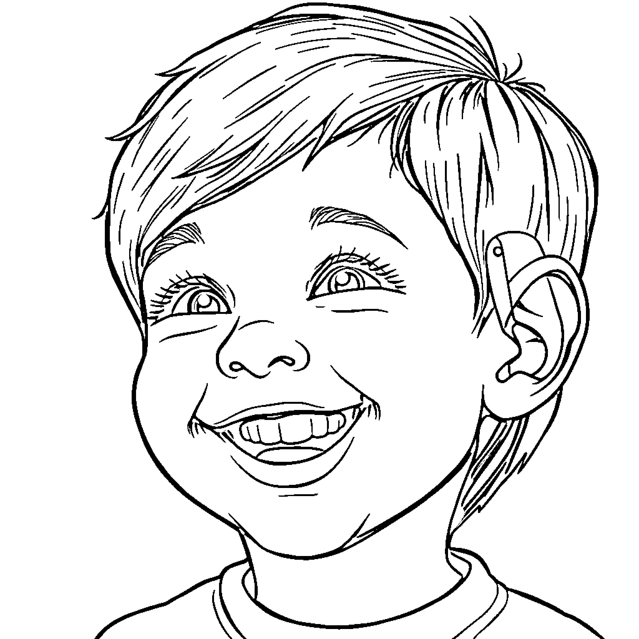 Child smiling cheerfully with unruly hair Coloring Page (free black-and-white line drawing printable PDF for all, from beginners to advanced learners, including children, teens, adults, and seniors)