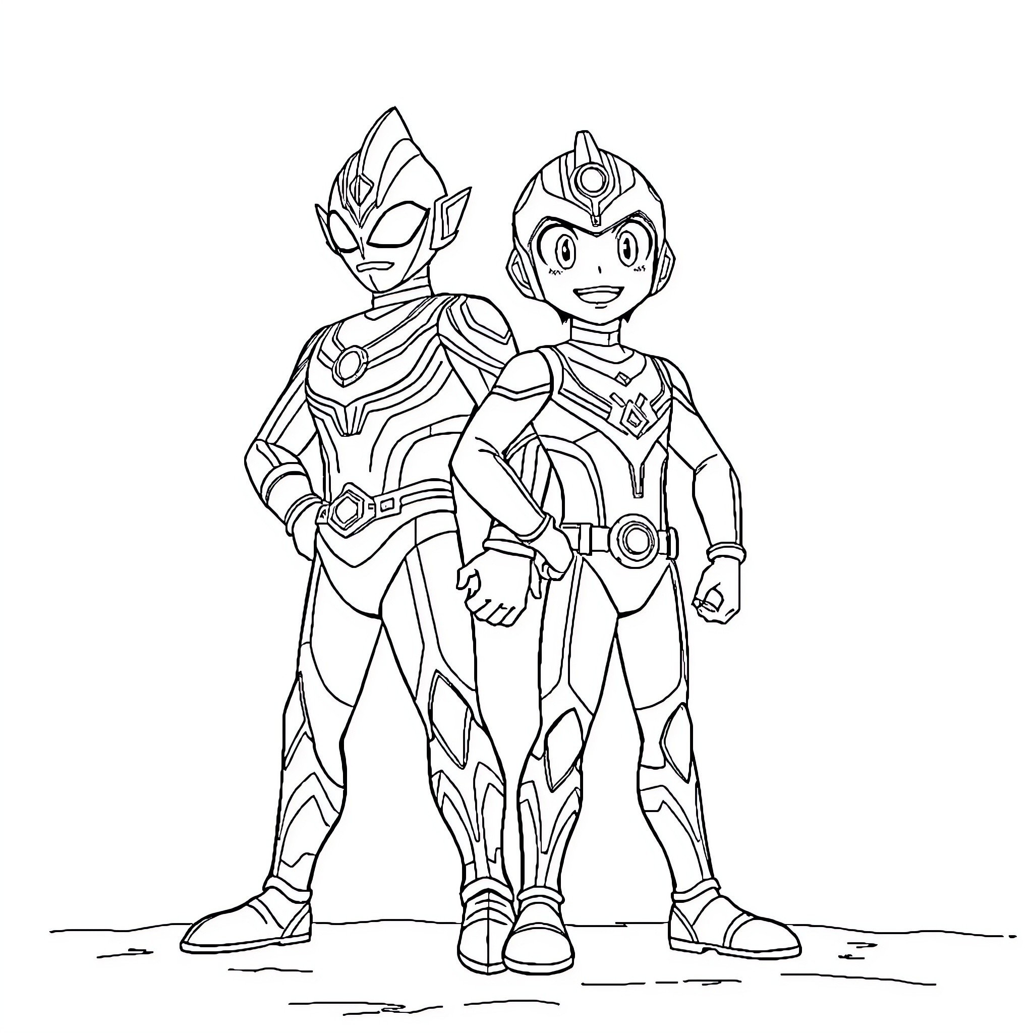 Ultraman heroes posing together in action poses Coloring Page (free black-and-white line drawing printable PDF for all, from beginners to advanced learners, including children, teens, adults, and seniors)