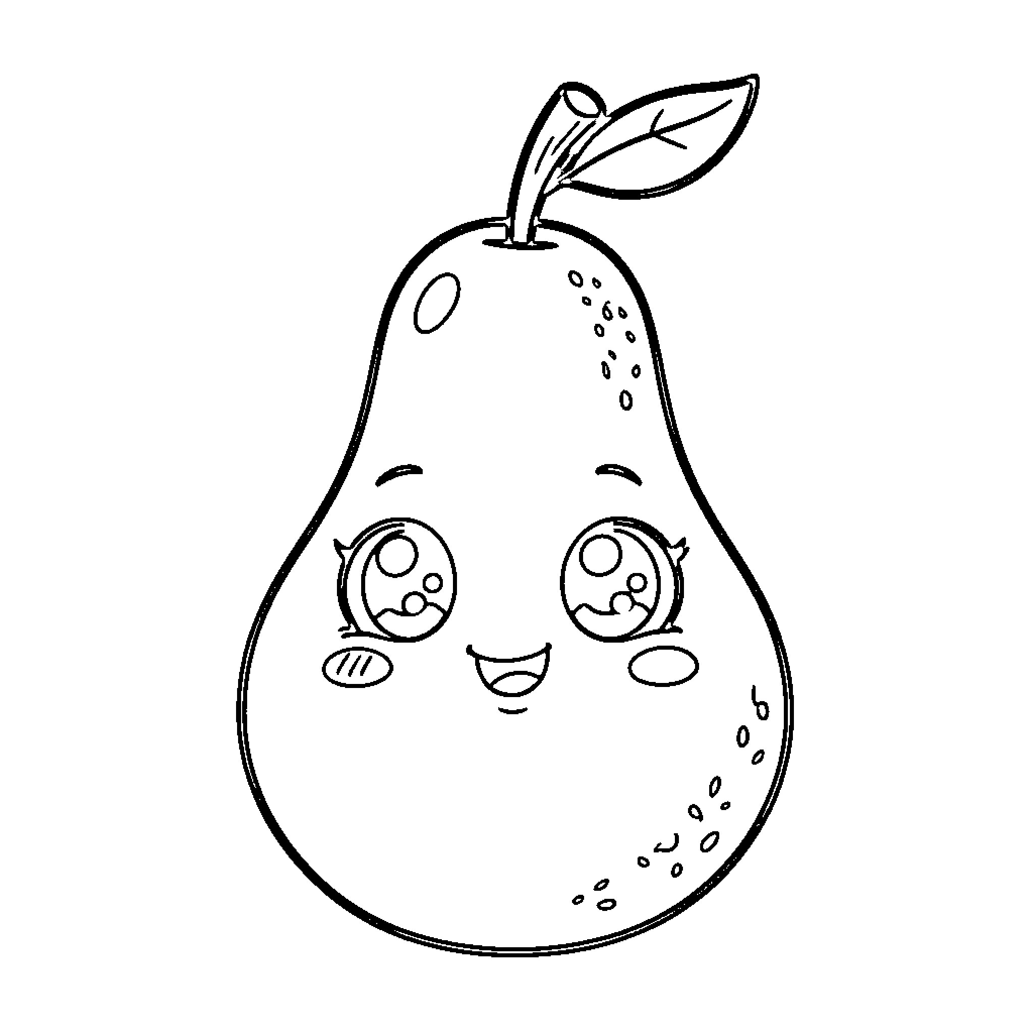 Pear with a happy smiling face and big eyes Coloring Page (free black-and-white line drawing printable PDF for all, from beginners to advanced learners, including children, teens, adults, and seniors)