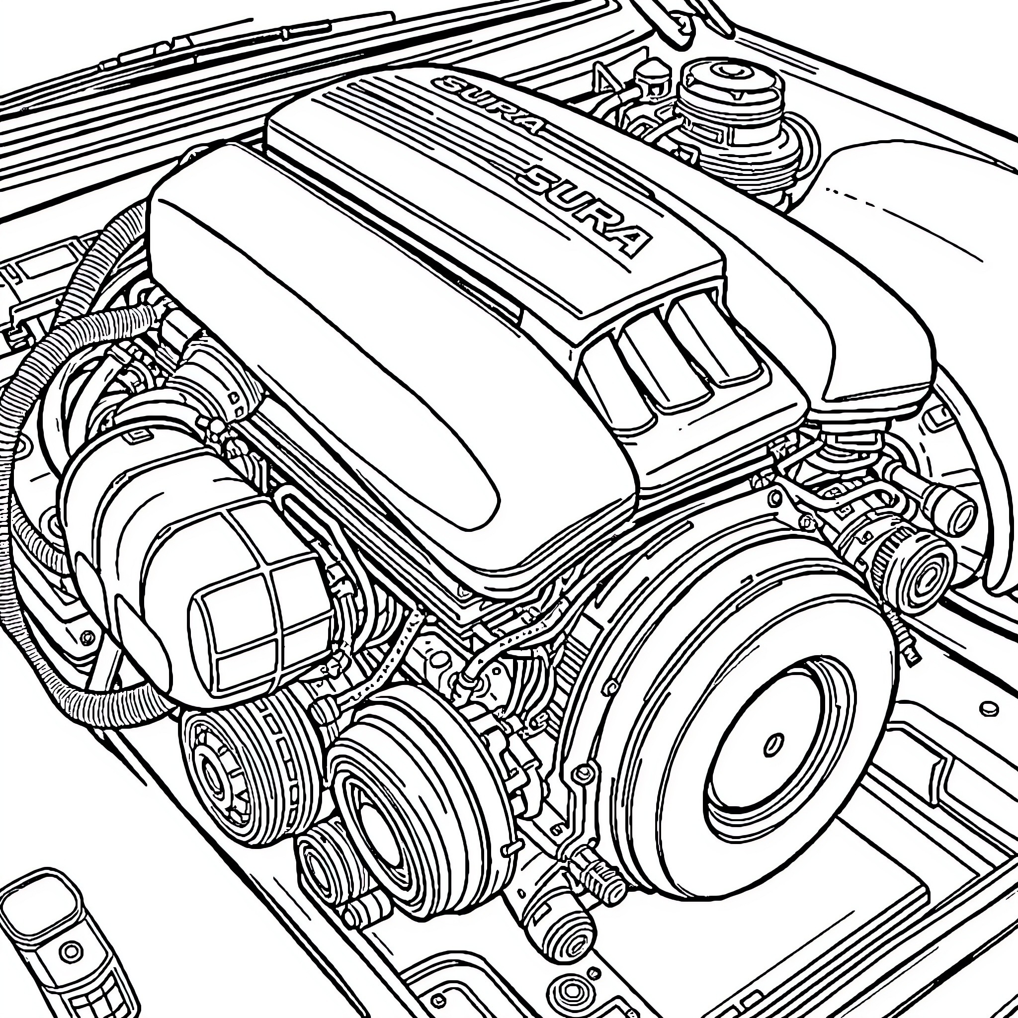 Supra engine detailed cutaway illustration Coloring Page (free black-and-white line drawing printable PDF for all, from beginners to advanced learners, including children, teens, adults, and seniors)