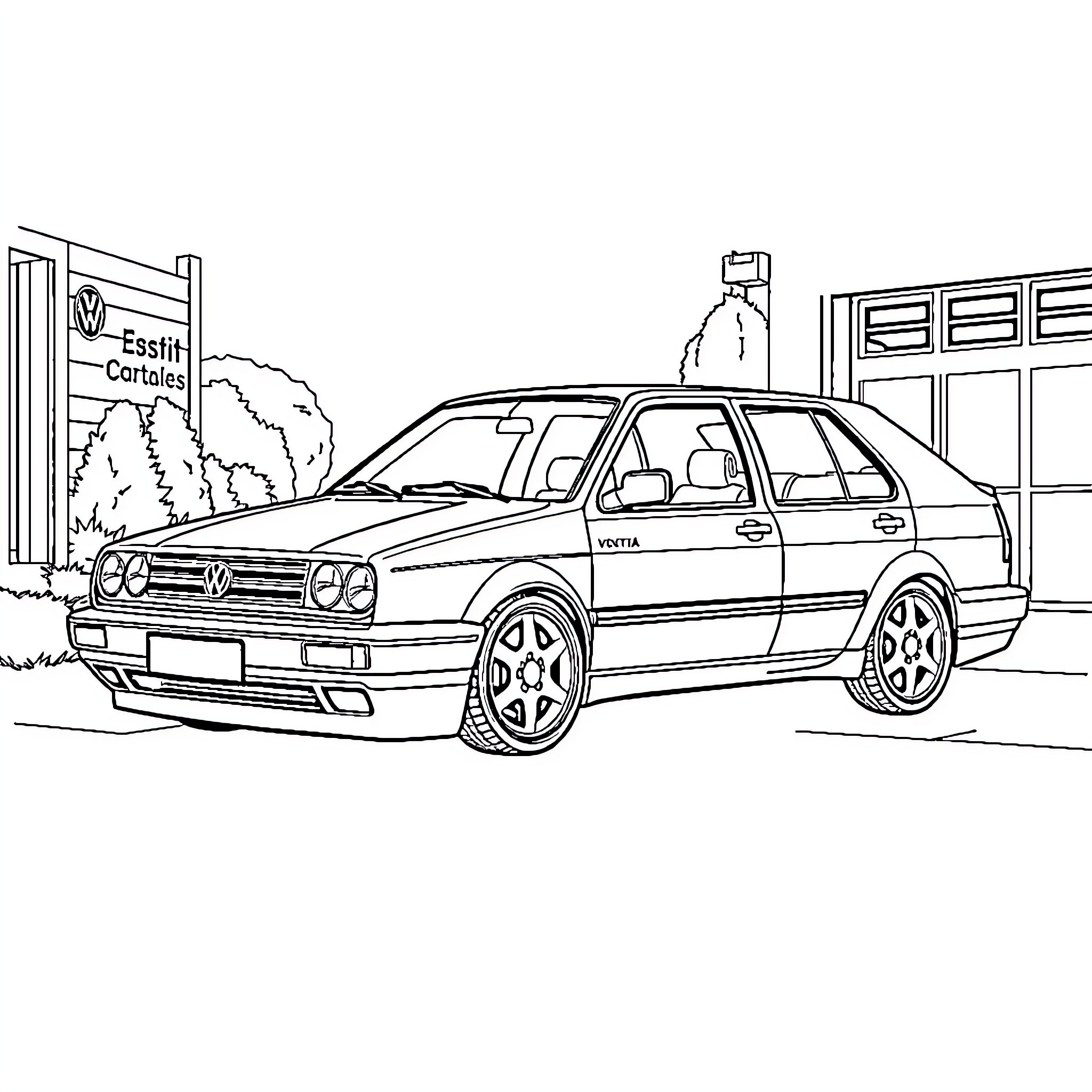 Jetta driving down the street with auto shop in the background Coloring Page (free black-and-white line drawing printable PDF for all, from beginners to advanced learners, including children, teens, adults, and seniors)