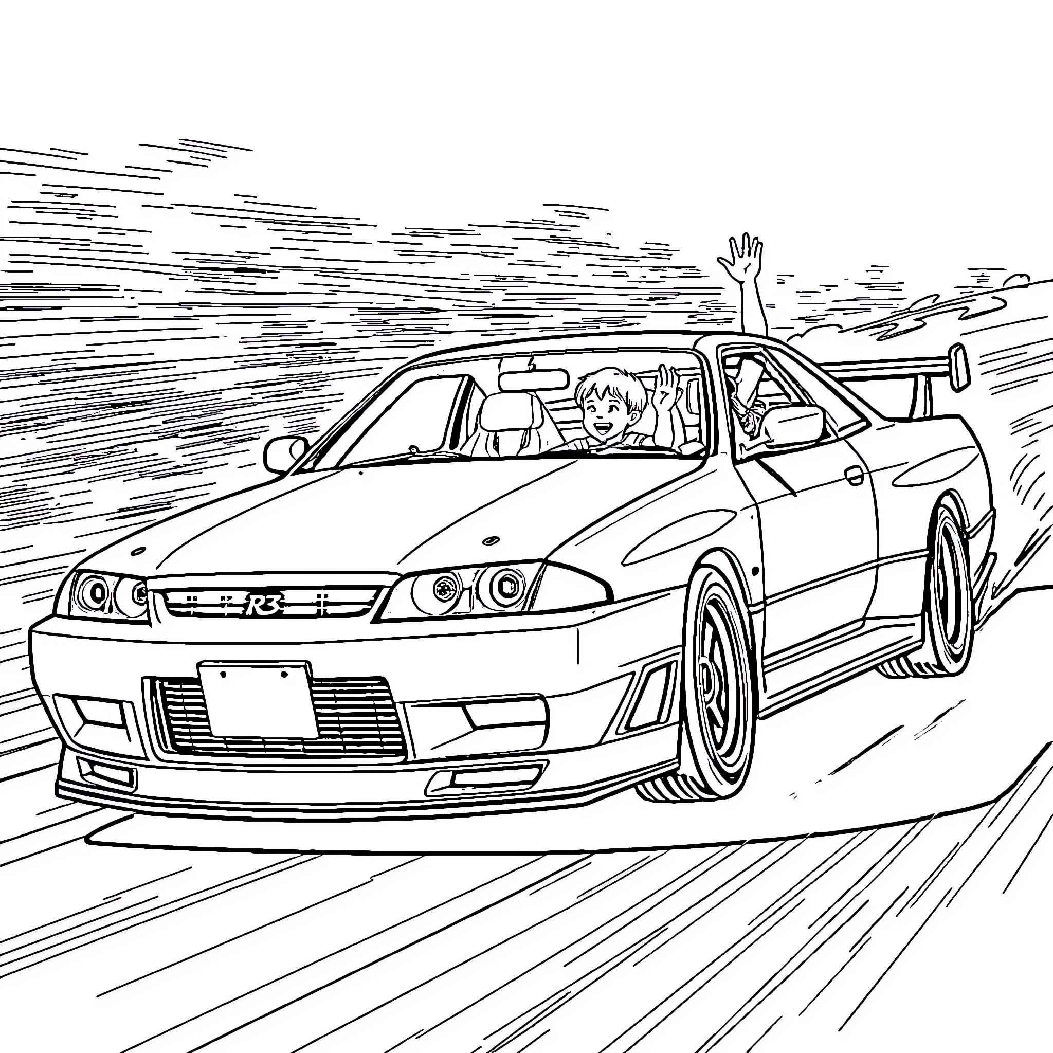 Nissan car speeding on the road with waving passenger Coloring Page (free black-and-white line drawing printable PDF for all, from beginners to advanced learners, including children, teens, adults, and seniors)