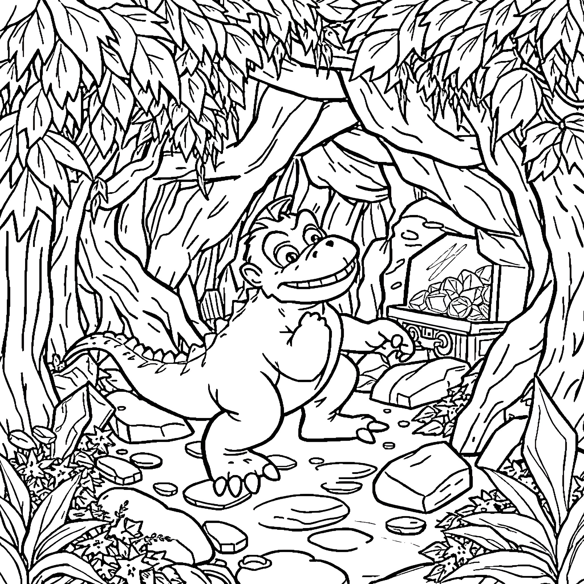 Dinosaur exploring the lush jungle environment Coloring Page (free black-and-white line drawing printable PDF for all, from beginners to advanced learners, including children, teens, adults, and seniors)