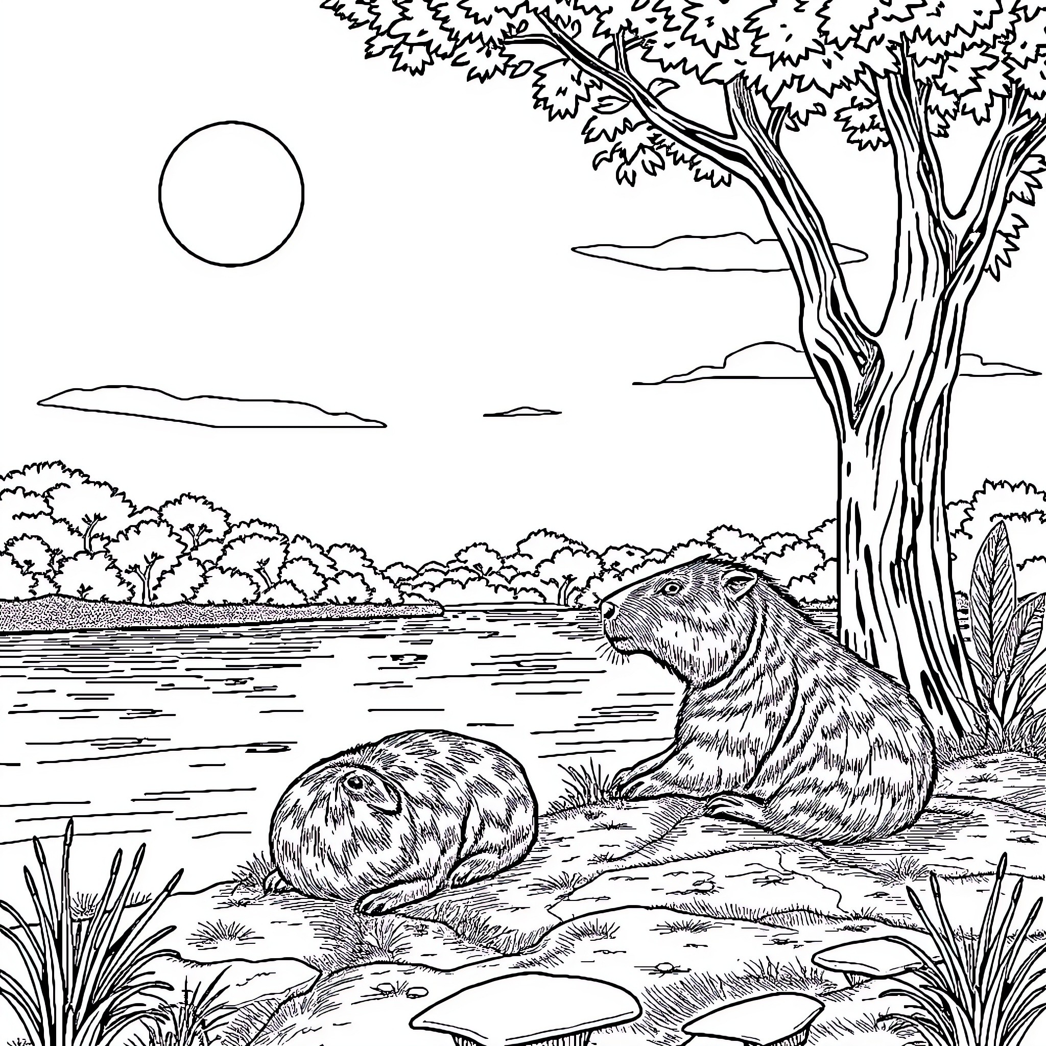 Capybara relaxing by the lakeside Coloring Page (free black-and-white line drawing printable PDF for all, from beginners to advanced learners, including children, teens, adults, and seniors)