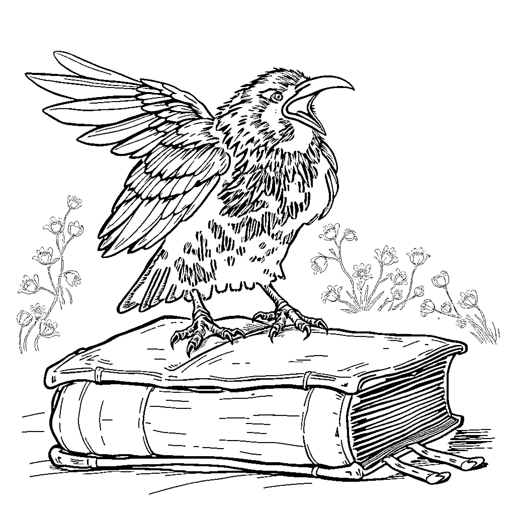Raven perched on books with flowers Coloring Page (free black-and-white line drawing printable PDF for all, from beginners to advanced learners, including children, teens, adults, and seniors)