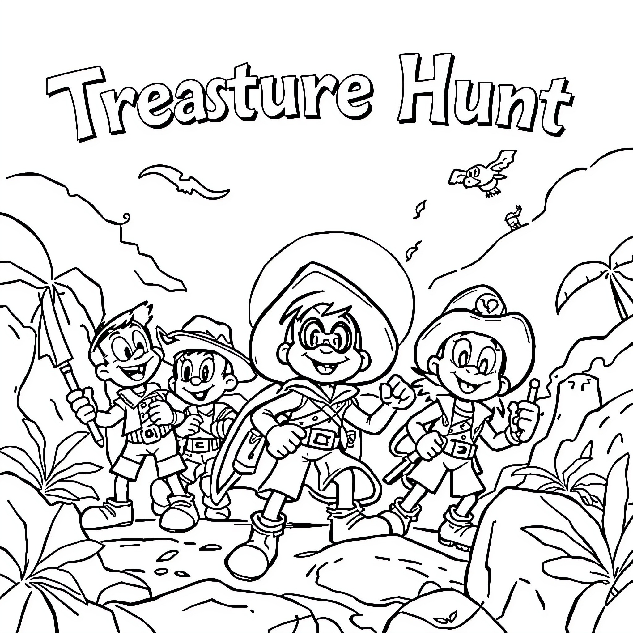 Picsou's Treasure Hunt Adventure Coloring Page (free black-and-white line drawing printable PDF for all, from beginners to advanced learners, including children, teens, adults, and seniors)