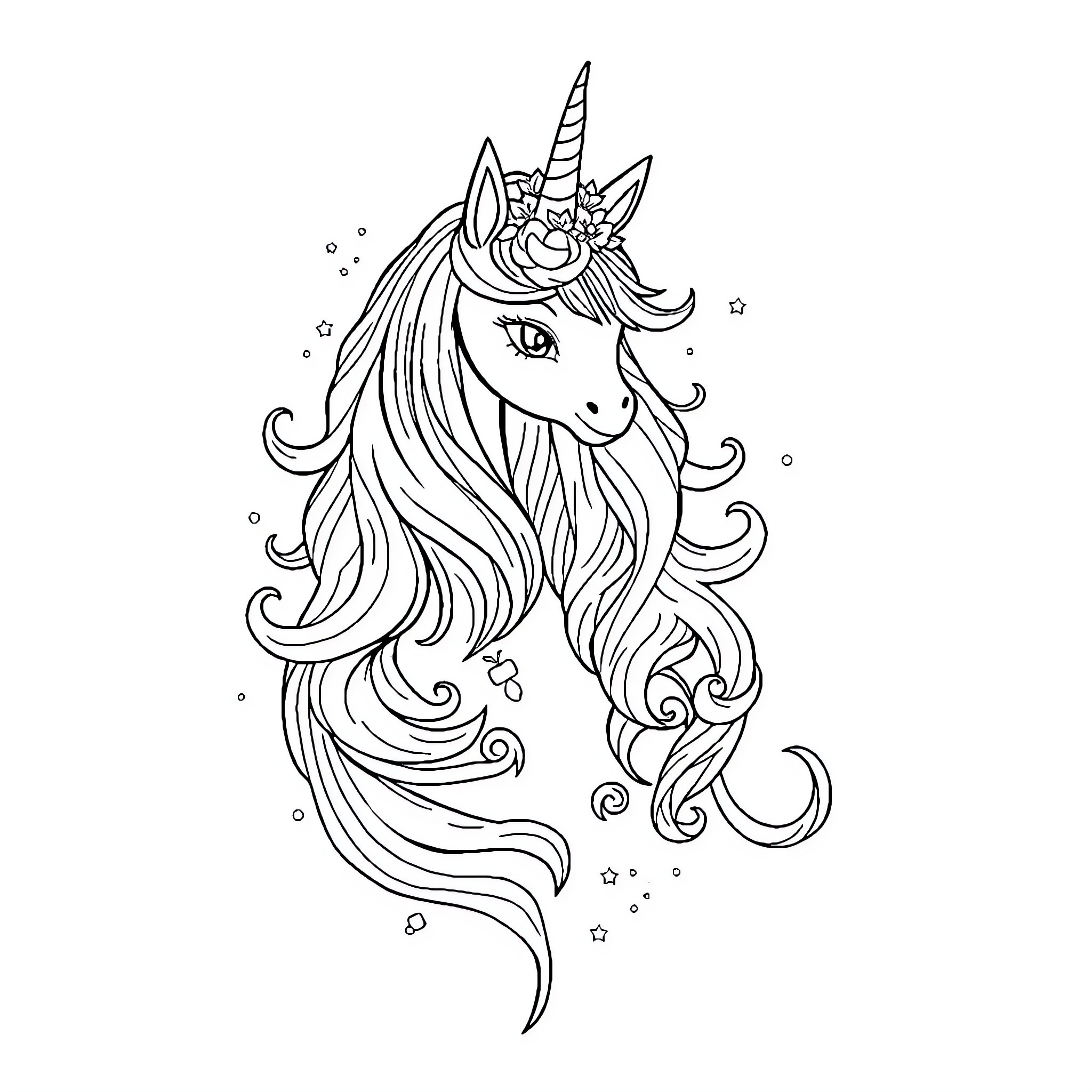 Unicorn with Flowing Mane and Magical Horn Coloring Page (free black-and-white line drawing printable PDF for all, from beginners to advanced learners, including children, teens, adults, and seniors)