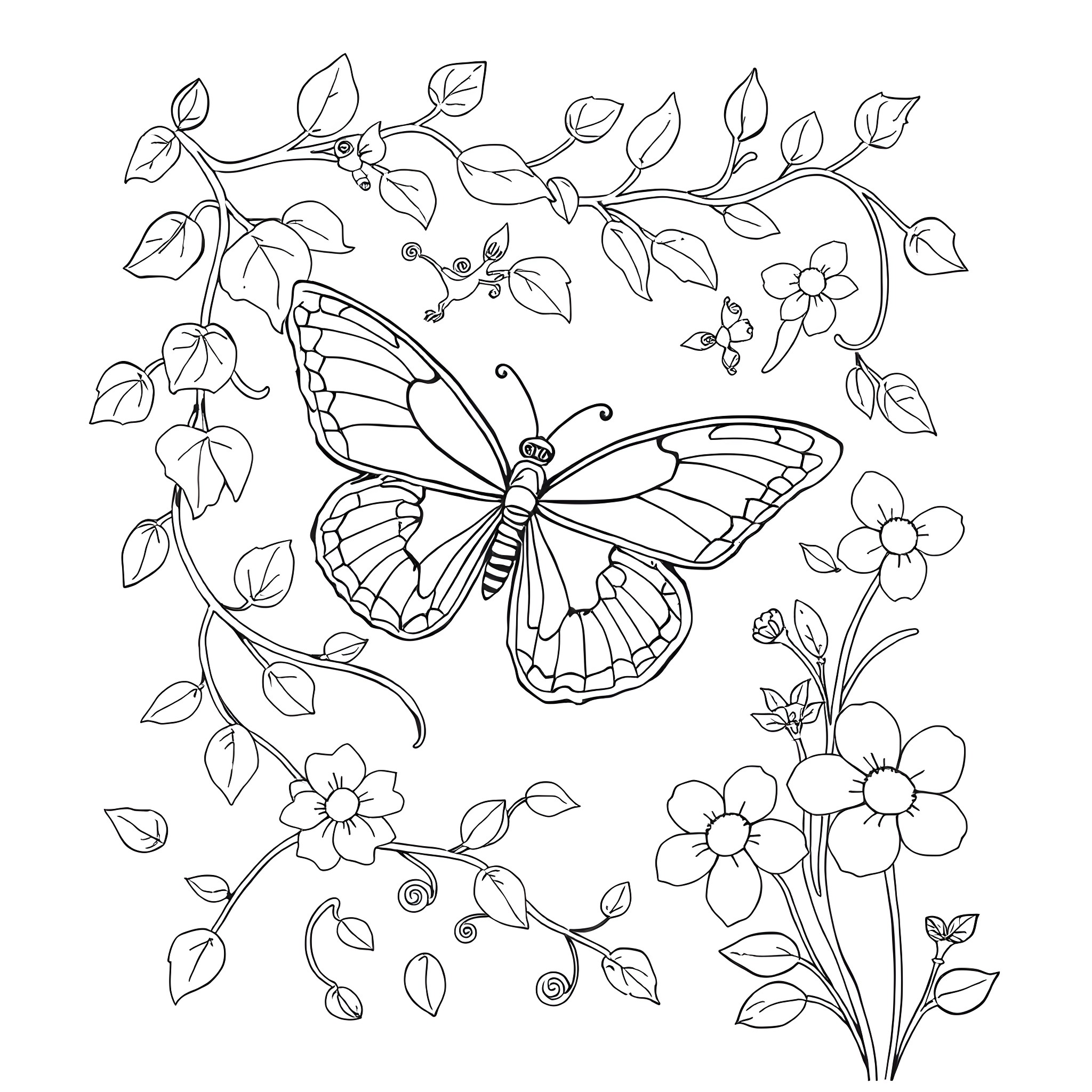 Butterfly dancing amidst floral foliage Coloring Page (free black-and-white line drawing printable PDF for all, from beginners to advanced learners, including children, teens, adults, and seniors)