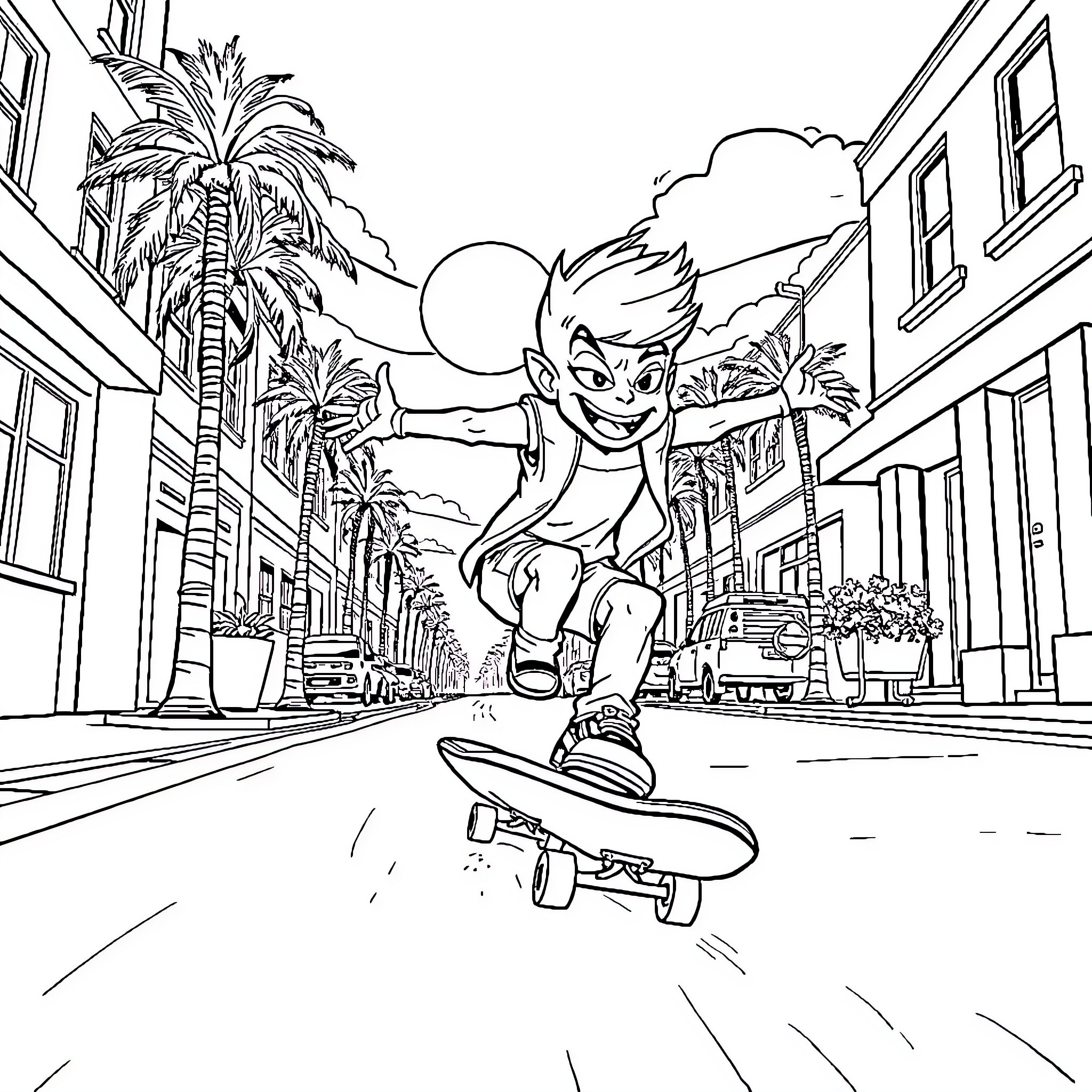 Beast Boy Skateboards Through the City Coloring Page (free black-and-white line drawing printable PDF for all, from beginners to advanced learners, including children, teens, adults, and seniors)