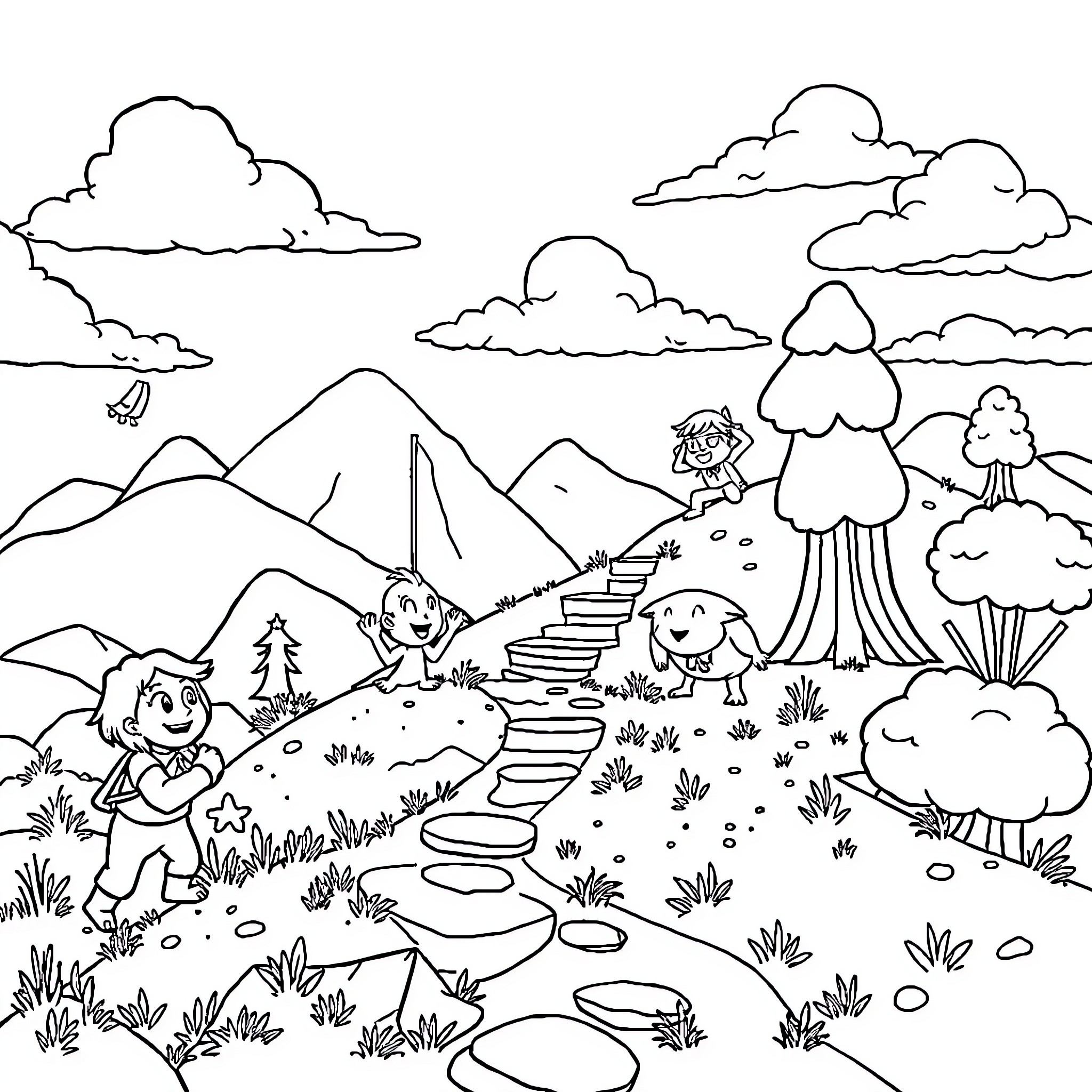 Video Game Characters Exploring Scenic Mountain Landscape Coloring Page (free black-and-white line drawing printable PDF for all, from beginners to advanced learners, including children, teens, adults, and seniors)