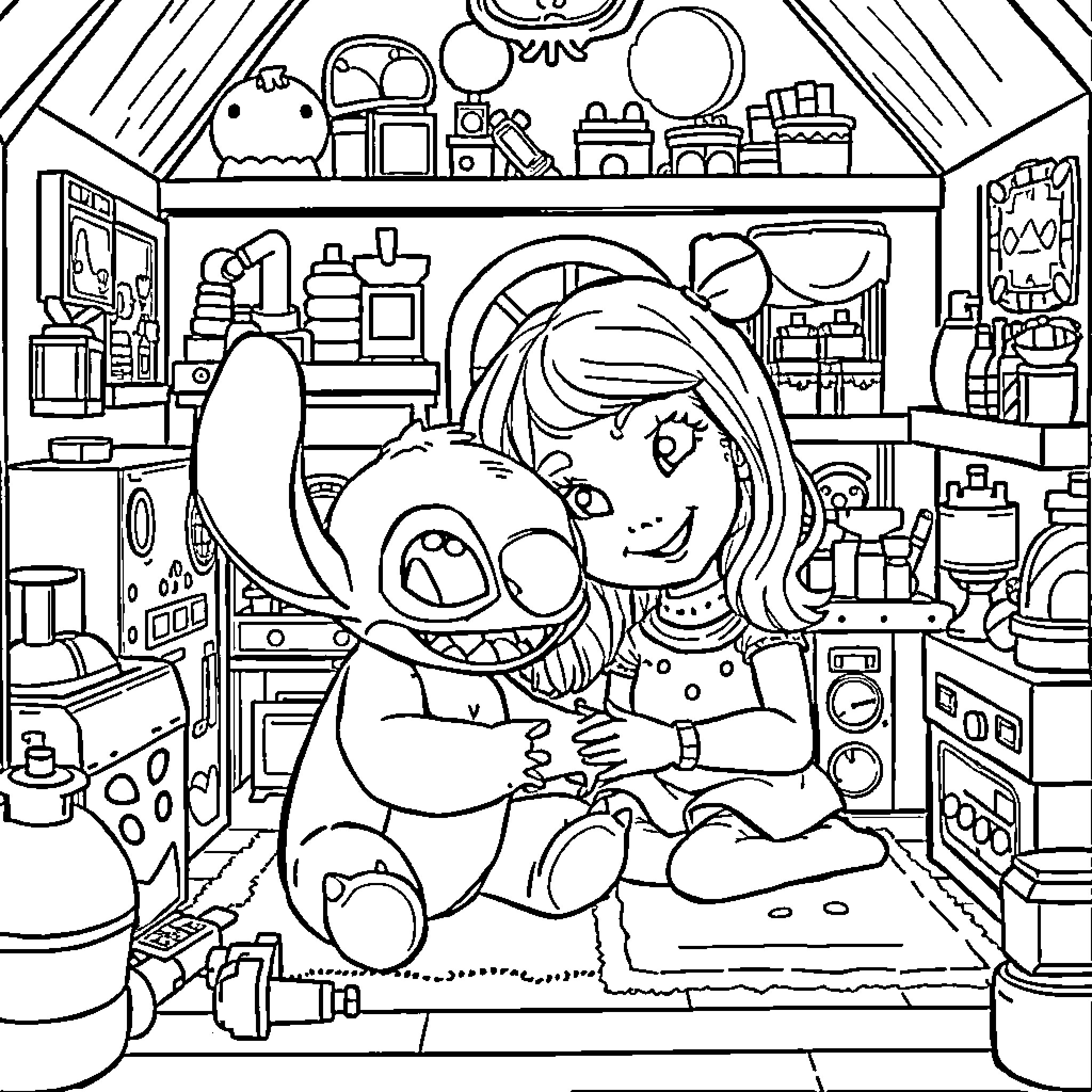 Gabby's Cozy Hideaway with Friendly Companion Coloring Page (free black-and-white line drawing printable PDF for all, from beginners to advanced learners, including children, teens, adults, and seniors)