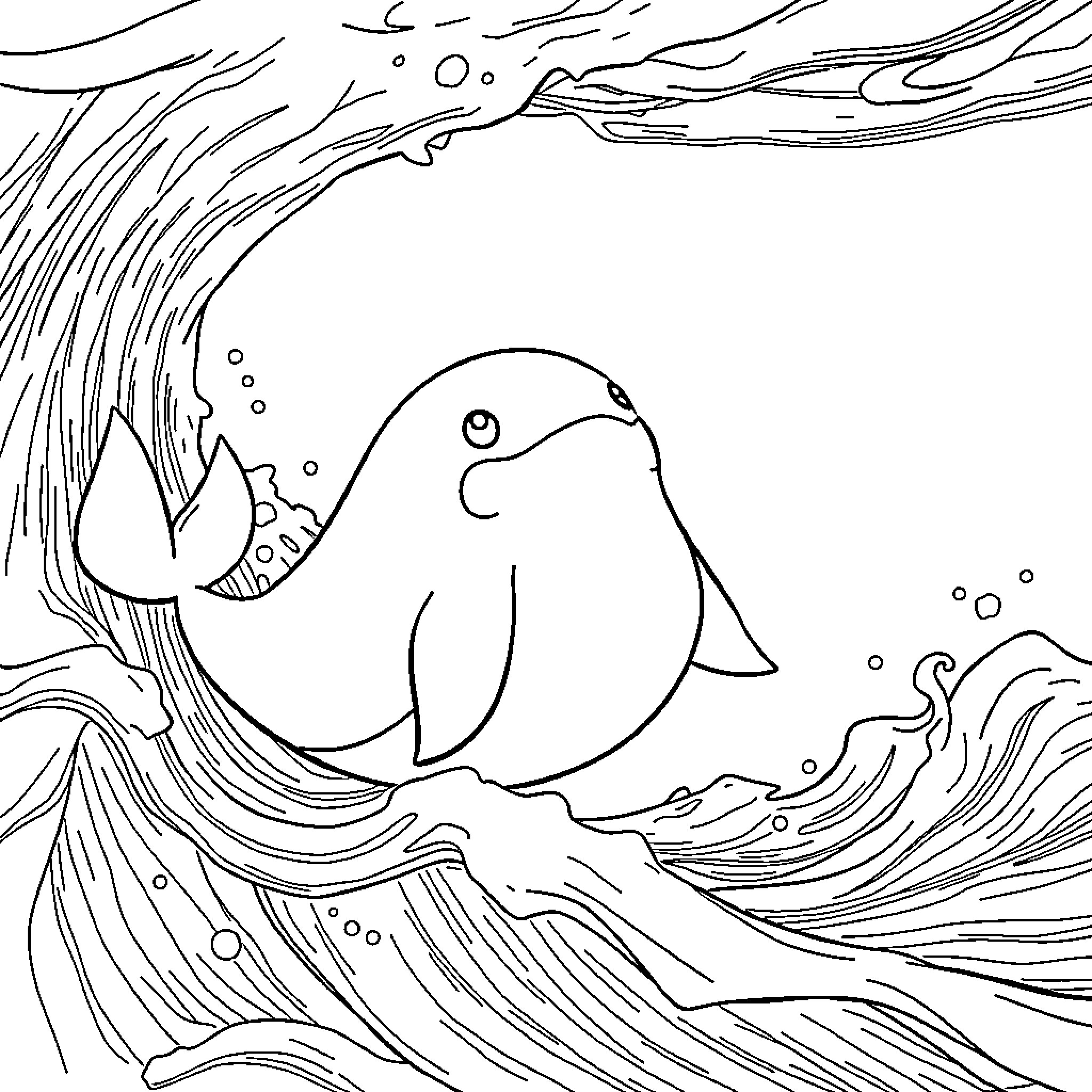 Snorlax swimming playfully in the ocean Coloring Page (free black-and-white line drawing printable PDF for all, from beginners to advanced learners, including children, teens, adults, and seniors)