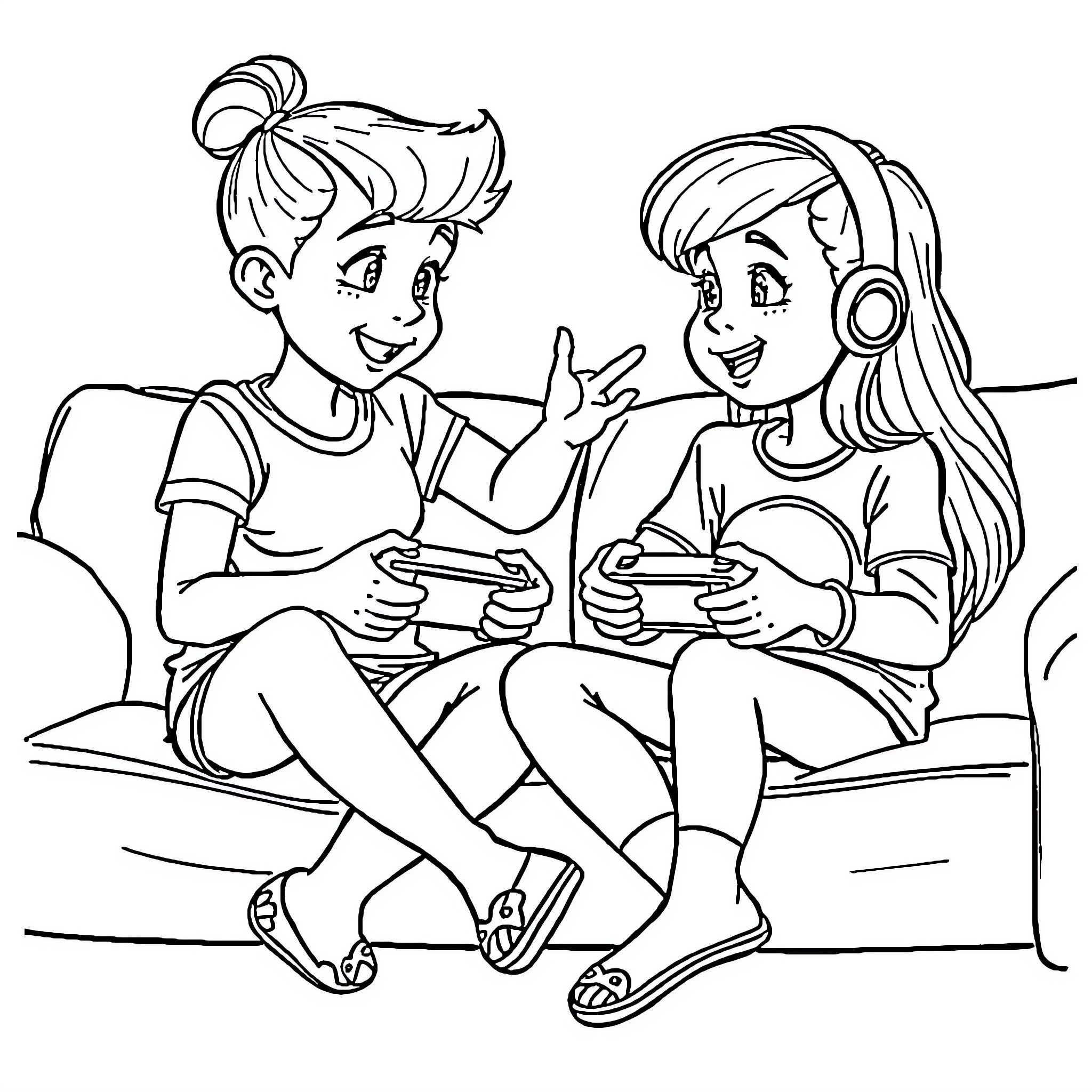 Gabby and her friend enjoying video games Coloring Page (free black-and-white line drawing printable PDF for all, from beginners to advanced learners, including children, teens, adults, and seniors)