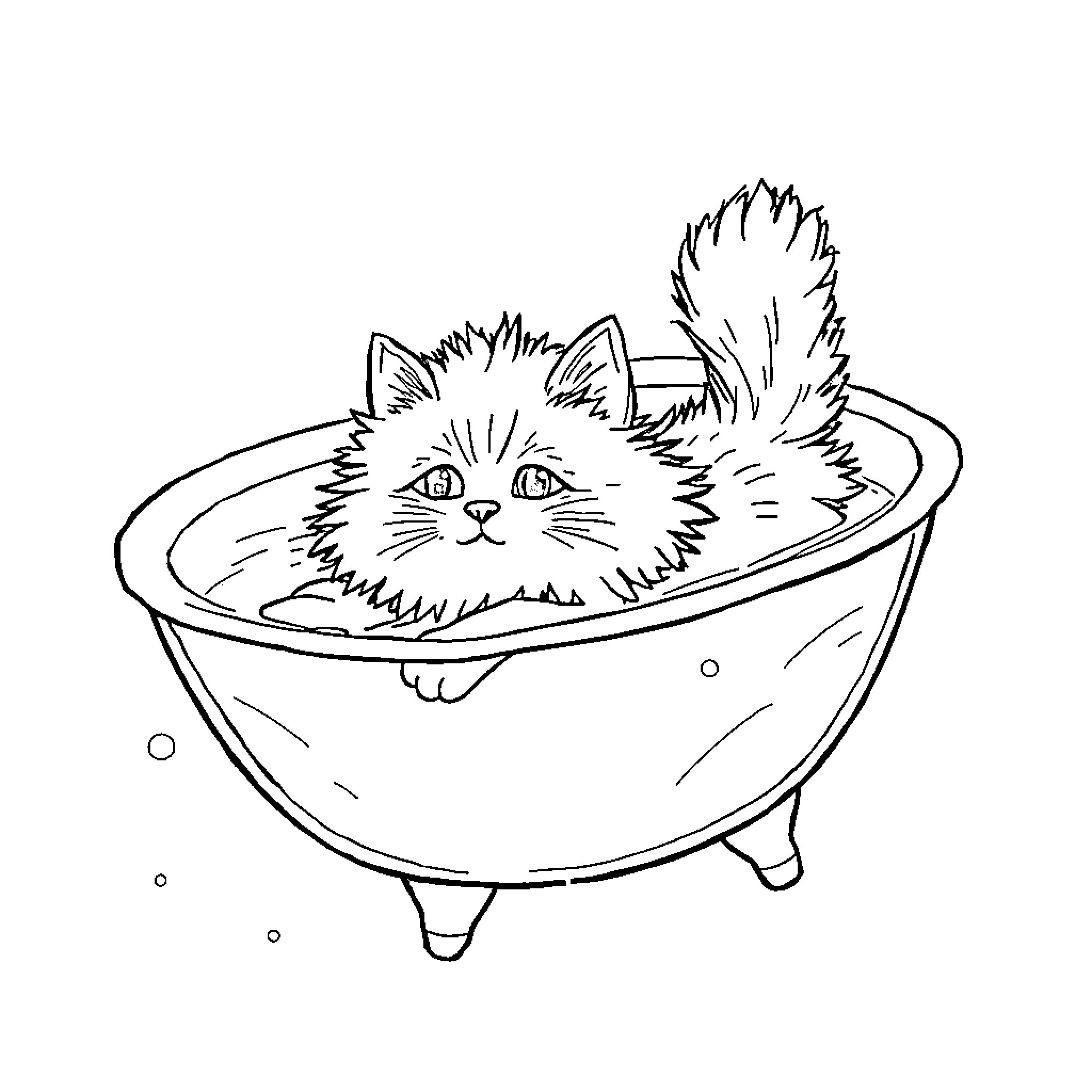 Cat enjoying a relaxing bath Coloring Page (free black-and-white line drawing printable PDF for all, from beginners to advanced learners, including children, teens, adults, and seniors)