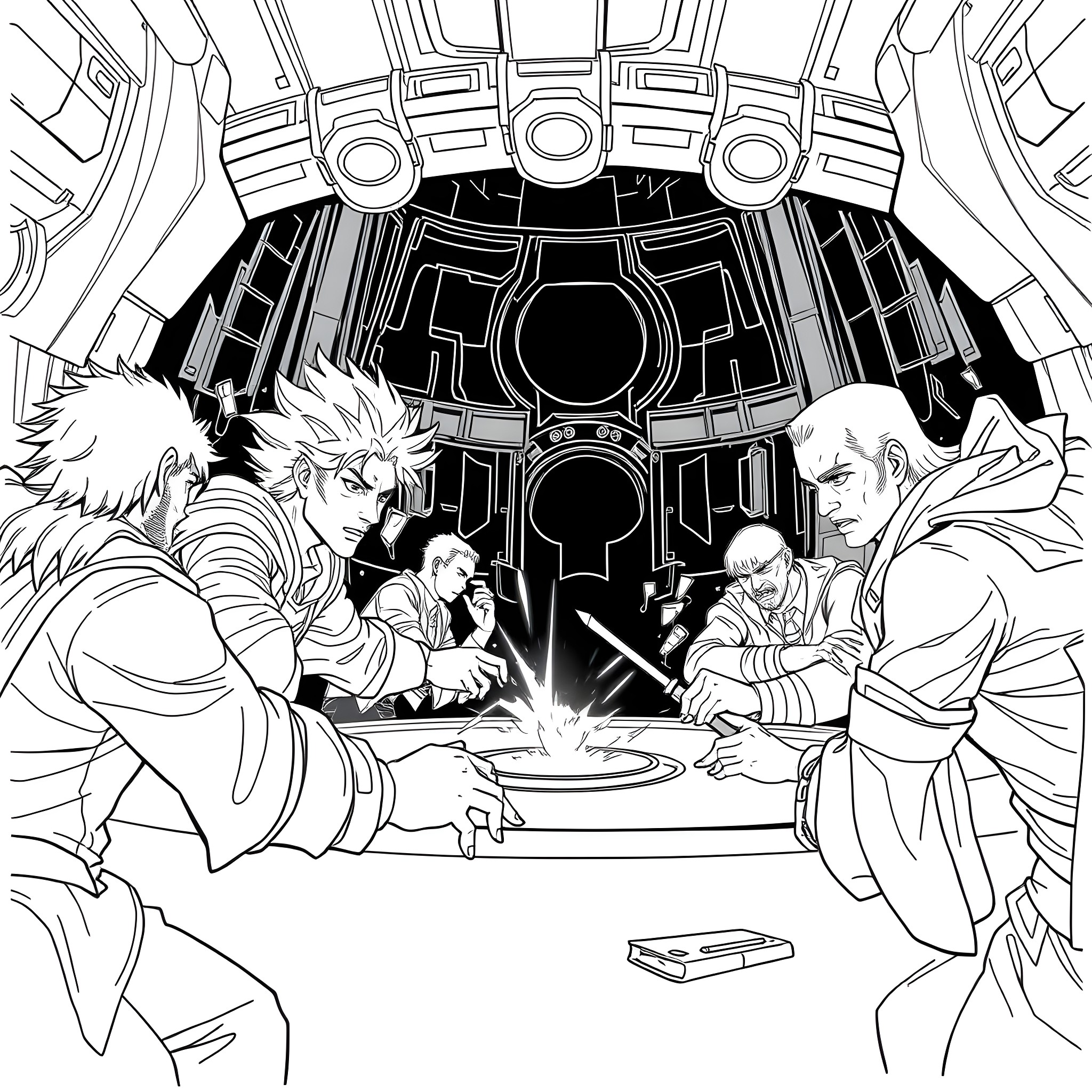Squid Game: Tense Standoff in Iconic Game Arena Coloring Page (free black-and-white line drawing printable PDF for all, from beginners to advanced learners, including children, teens, adults, and seniors)