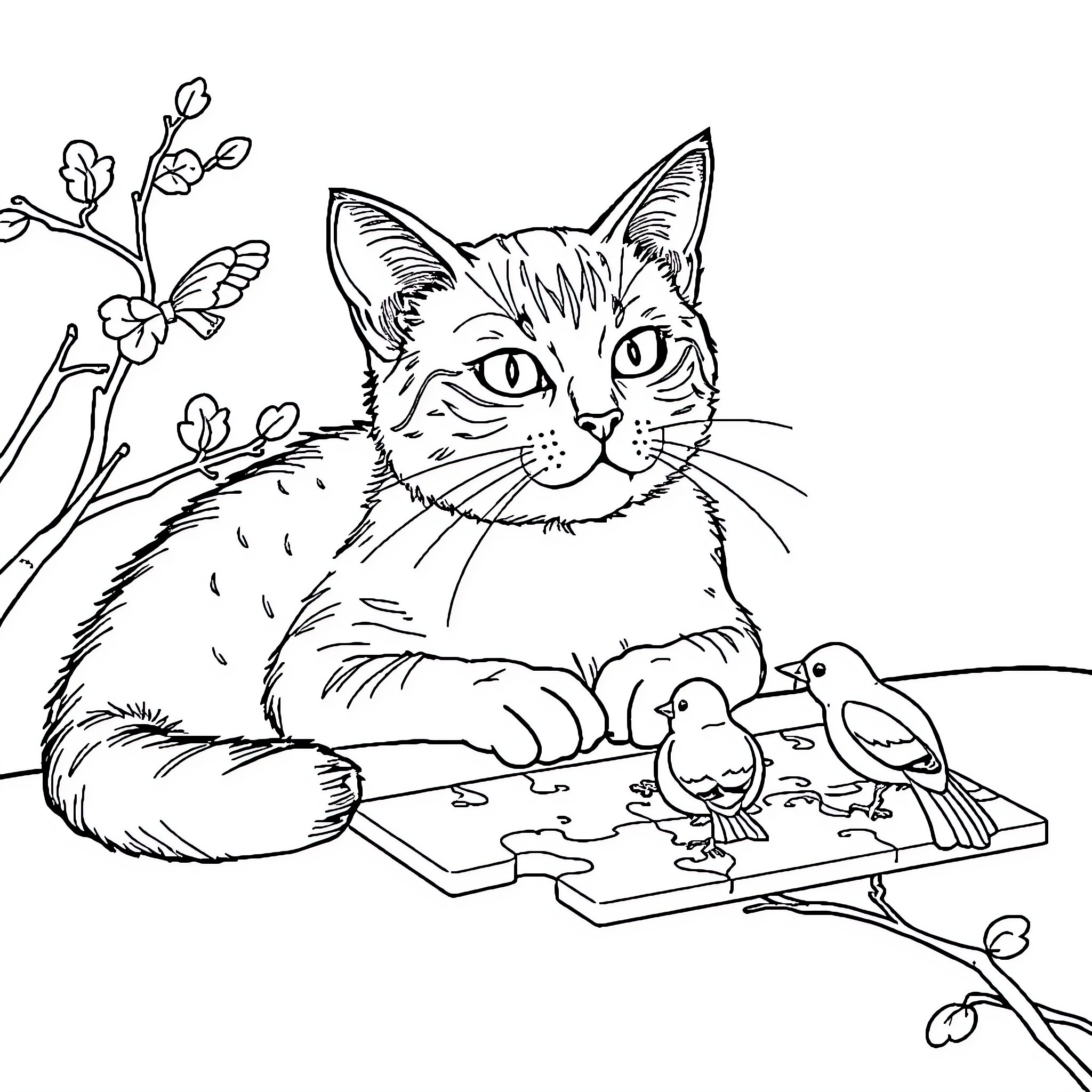 Cat observing curious birds on wooden puzzle Coloring Page (free black-and-white line drawing printable PDF for all, from beginners to advanced learners, including children, teens, adults, and seniors)