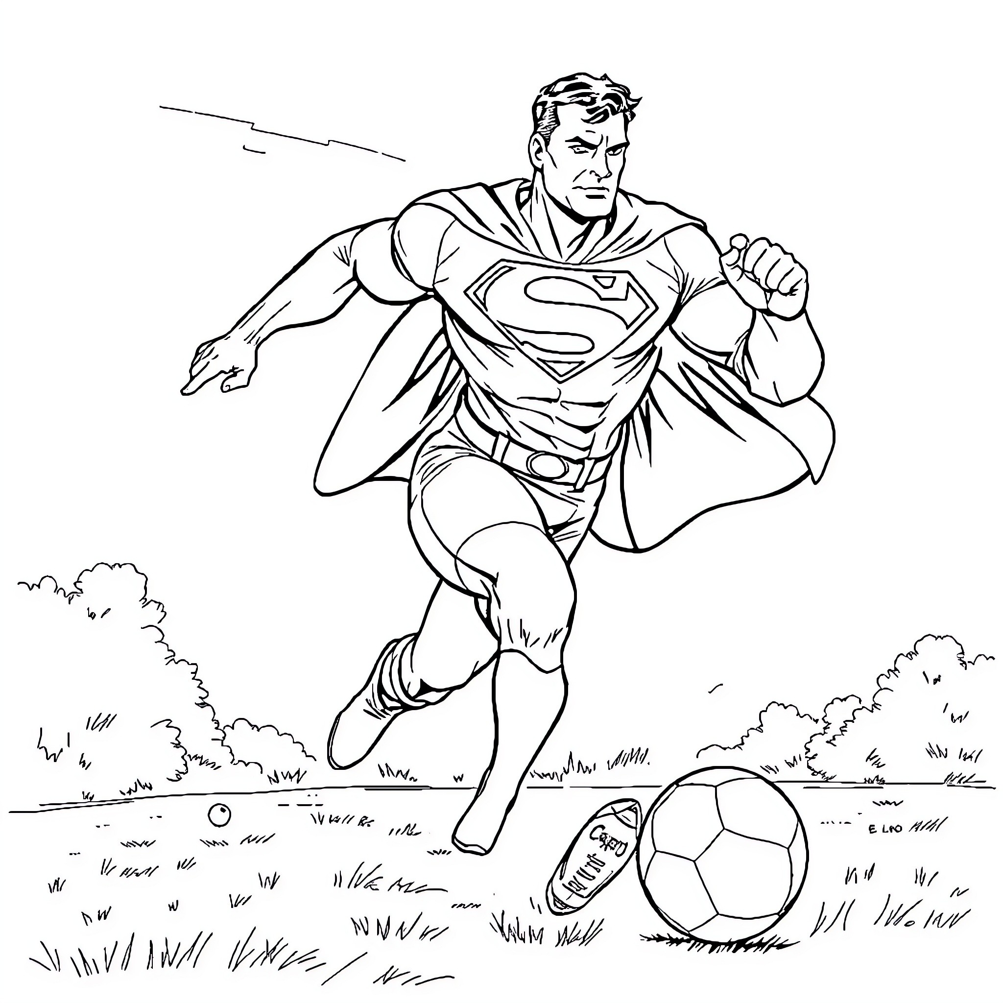 Superman heroically kicking a soccer ball on the field Coloring Page (free black-and-white line drawing printable PDF for all, from beginners to advanced learners, including children, teens, adults, and seniors)