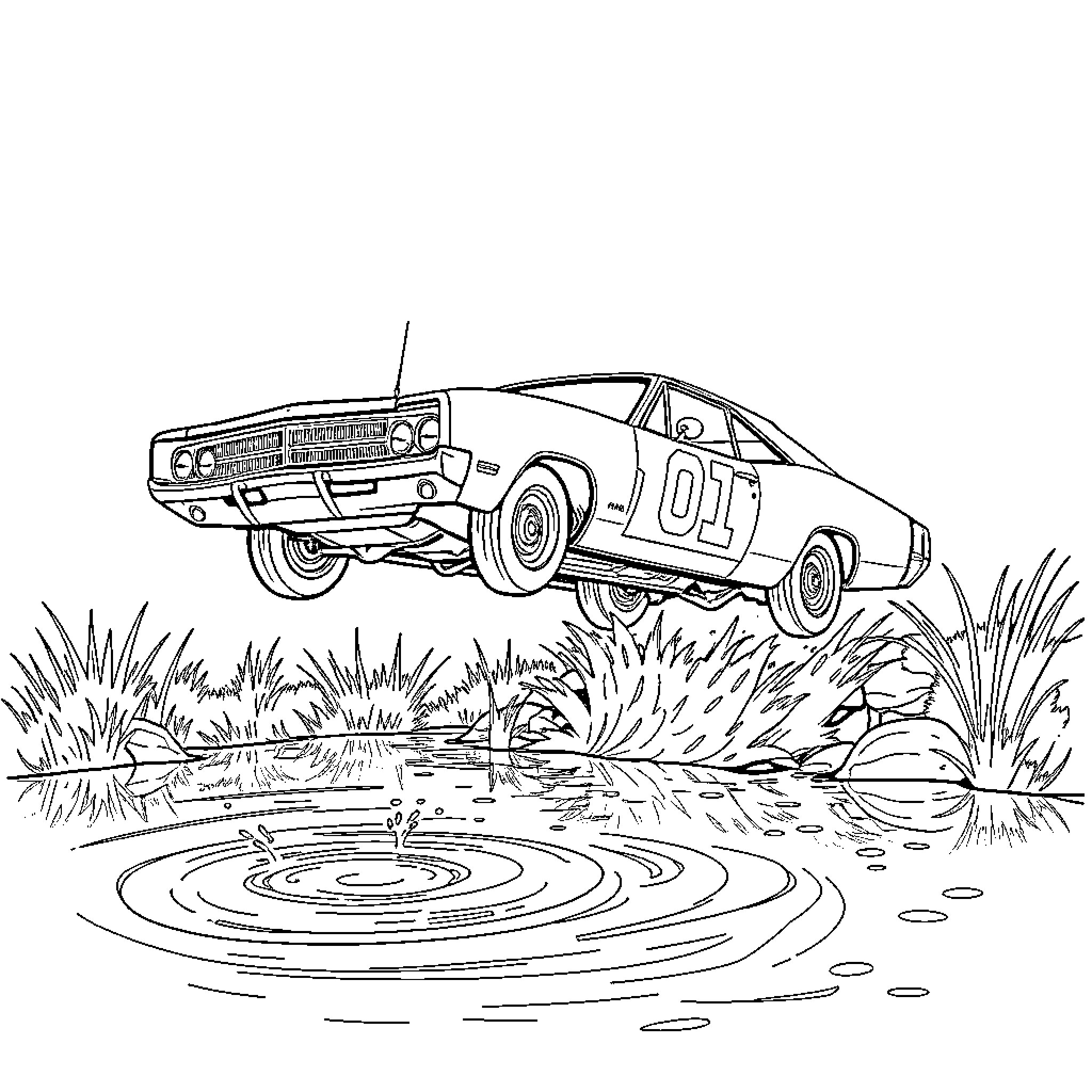 General Lee jumping over a body of water Coloring Page (free black-and-white line drawing printable PDF for all, from beginners to advanced learners, including children, teens, adults, and seniors)