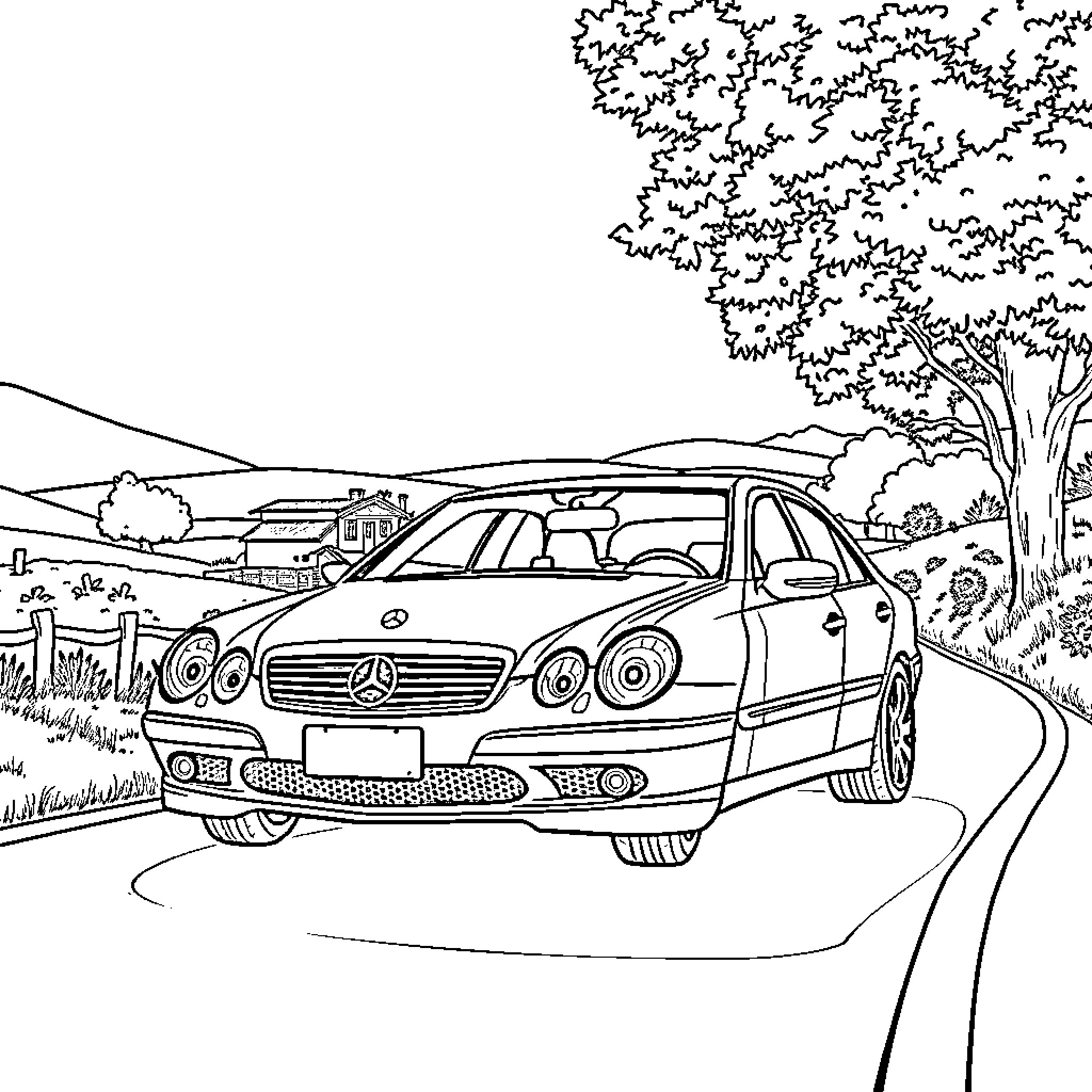 Mercedes luxury sedan on rural road in nature Coloring Page (free black-and-white line drawing printable PDF for all, from beginners to advanced learners, including children, teens, adults, and seniors)