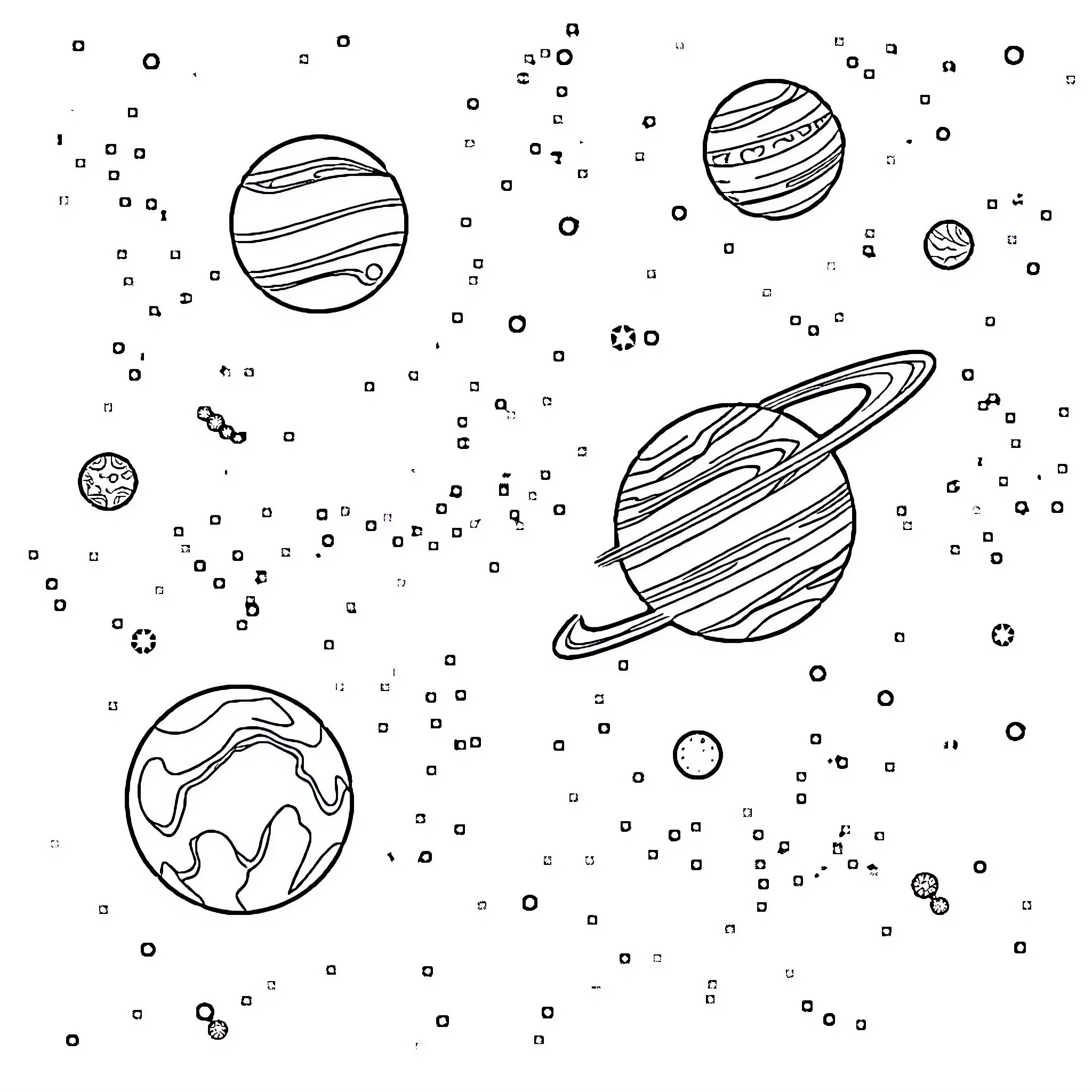 Planet exploration in the cosmic void Coloring Page (free black-and-white line drawing printable PDF for all, from beginners to advanced learners, including children, teens, adults, and seniors)