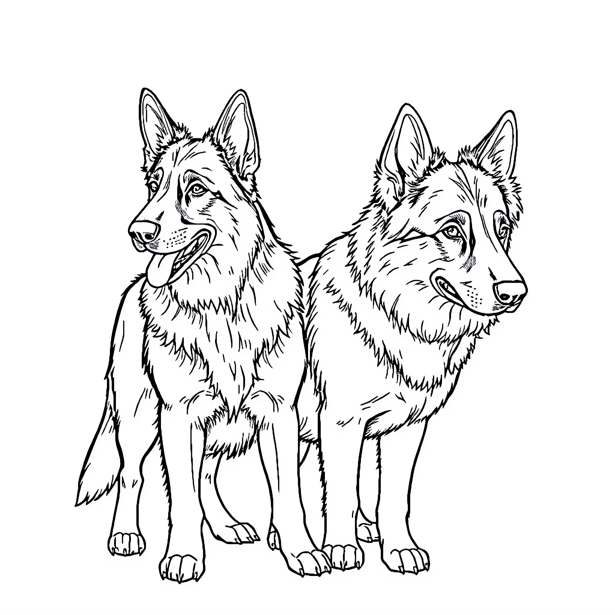 German Shepherd Dogs Standing Together Coloring Page (free black-and-white line drawing printable PDF for all, from beginners to advanced learners, including children, teens, adults, and seniors)