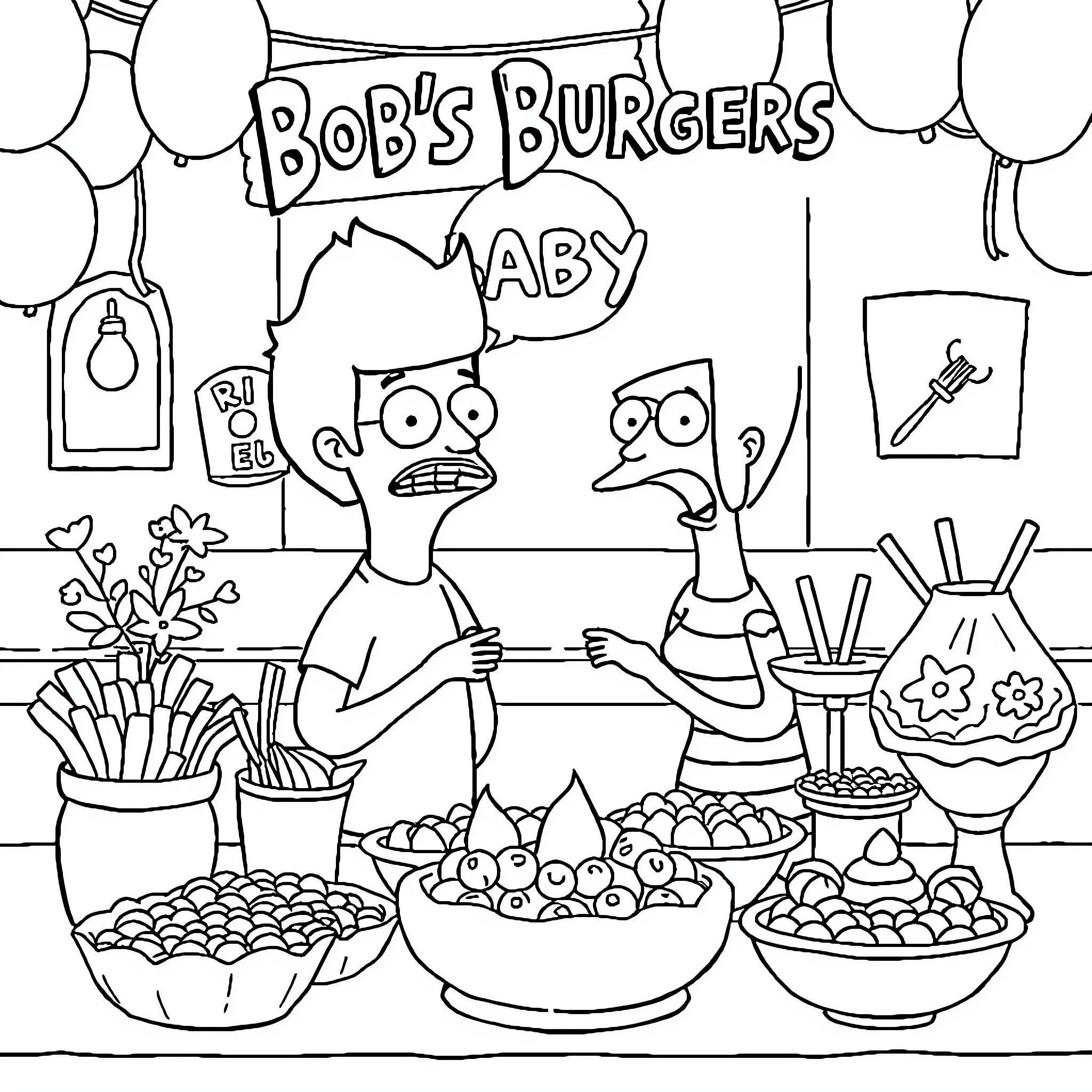 Bob's Burgers crew busy at the diner Coloring Page (free black-and-white line drawing printable PDF for all, from beginners to advanced learners, including children, teens, adults, and seniors)