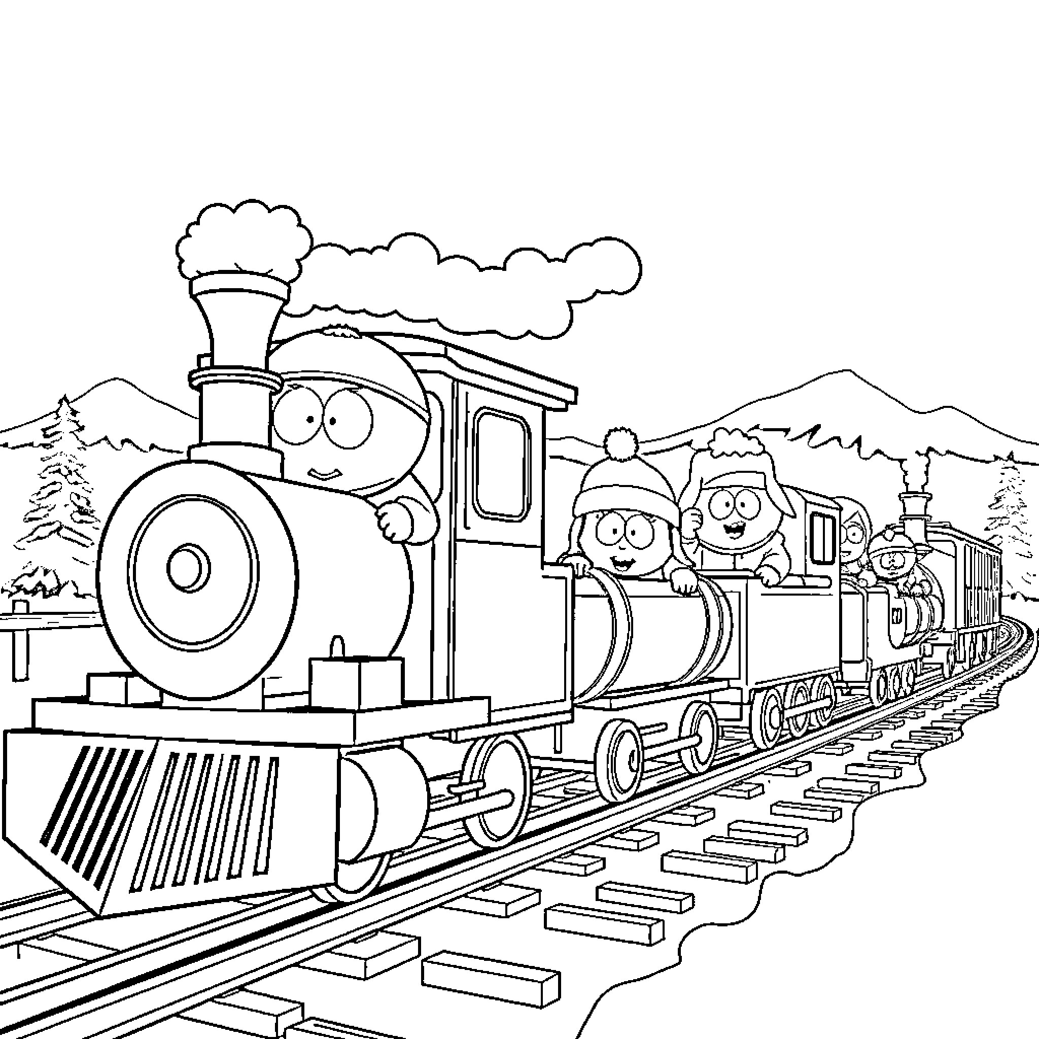 Train carrying cheerful passengers through scenic landscape Coloring Page (free black-and-white line drawing printable PDF for all, from beginners to advanced learners, including children, teens, adults, and seniors)