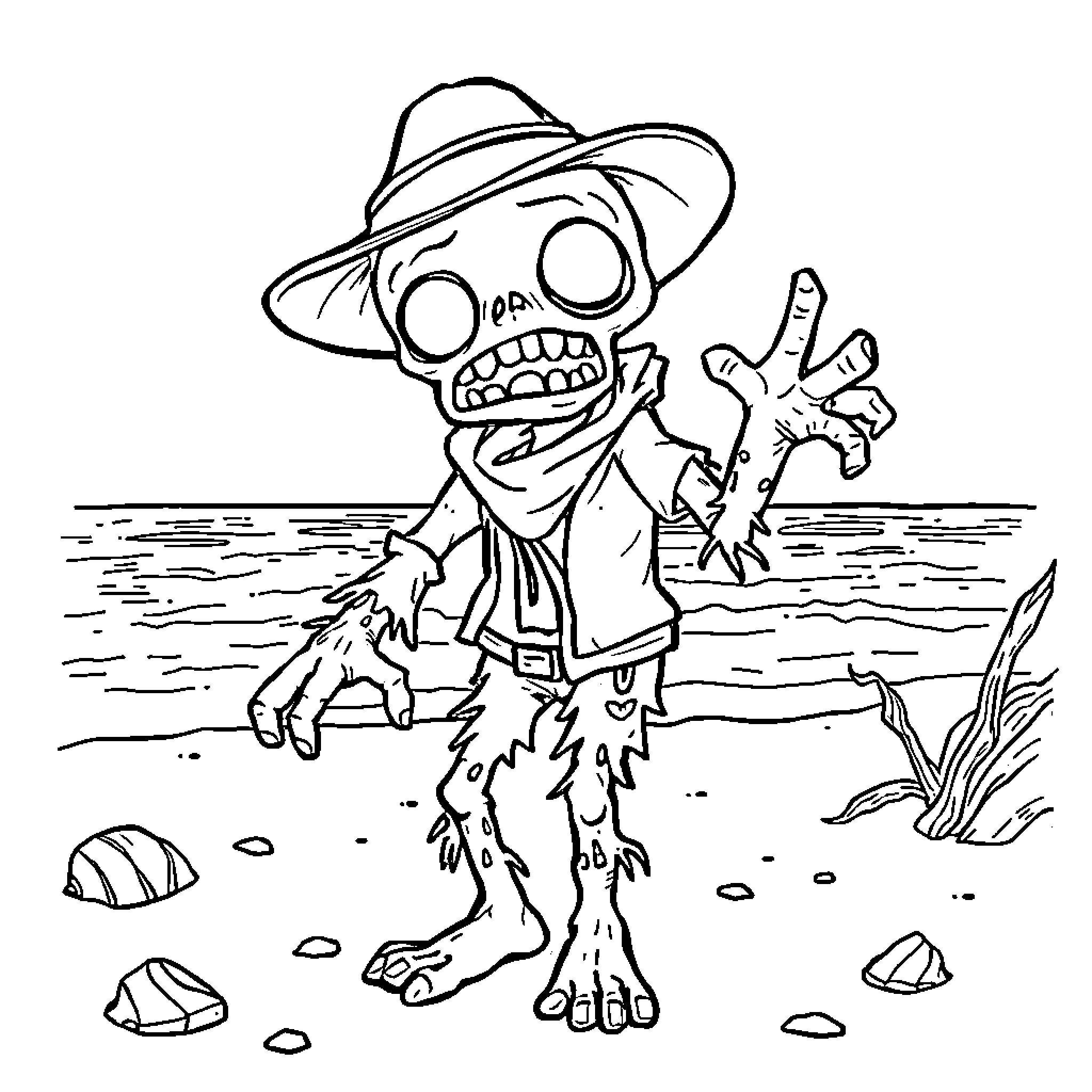 Bluey's Zombie Adventure on the Beach Coloring Page (free black-and-white line drawing printable PDF for all, from beginners to advanced learners, including children, teens, adults, and seniors)