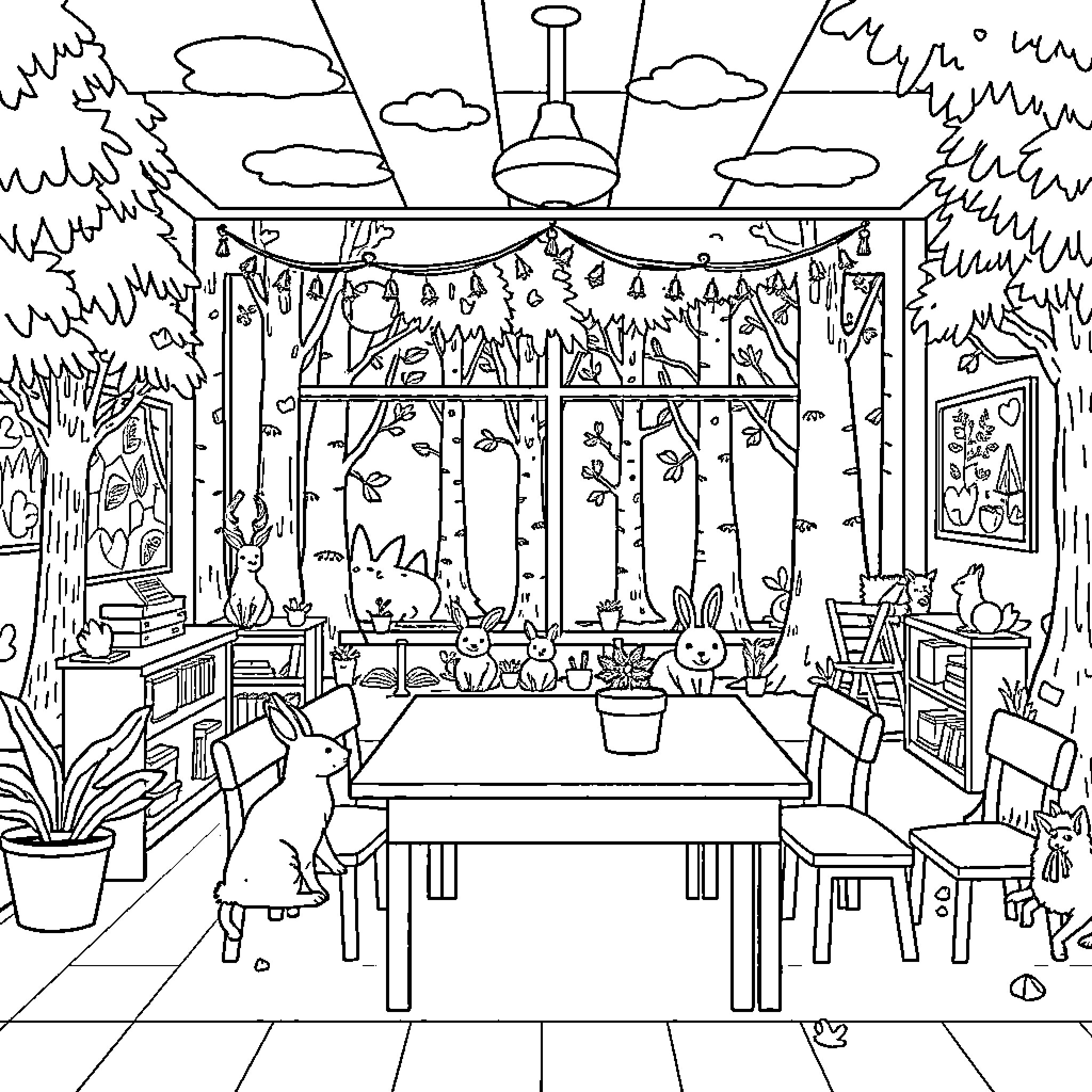 Forest Cafe Scene with Decorations and Furniture Coloring Page (free black-and-white line drawing printable PDF for all, from beginners to advanced learners, including children, teens, adults, and seniors)