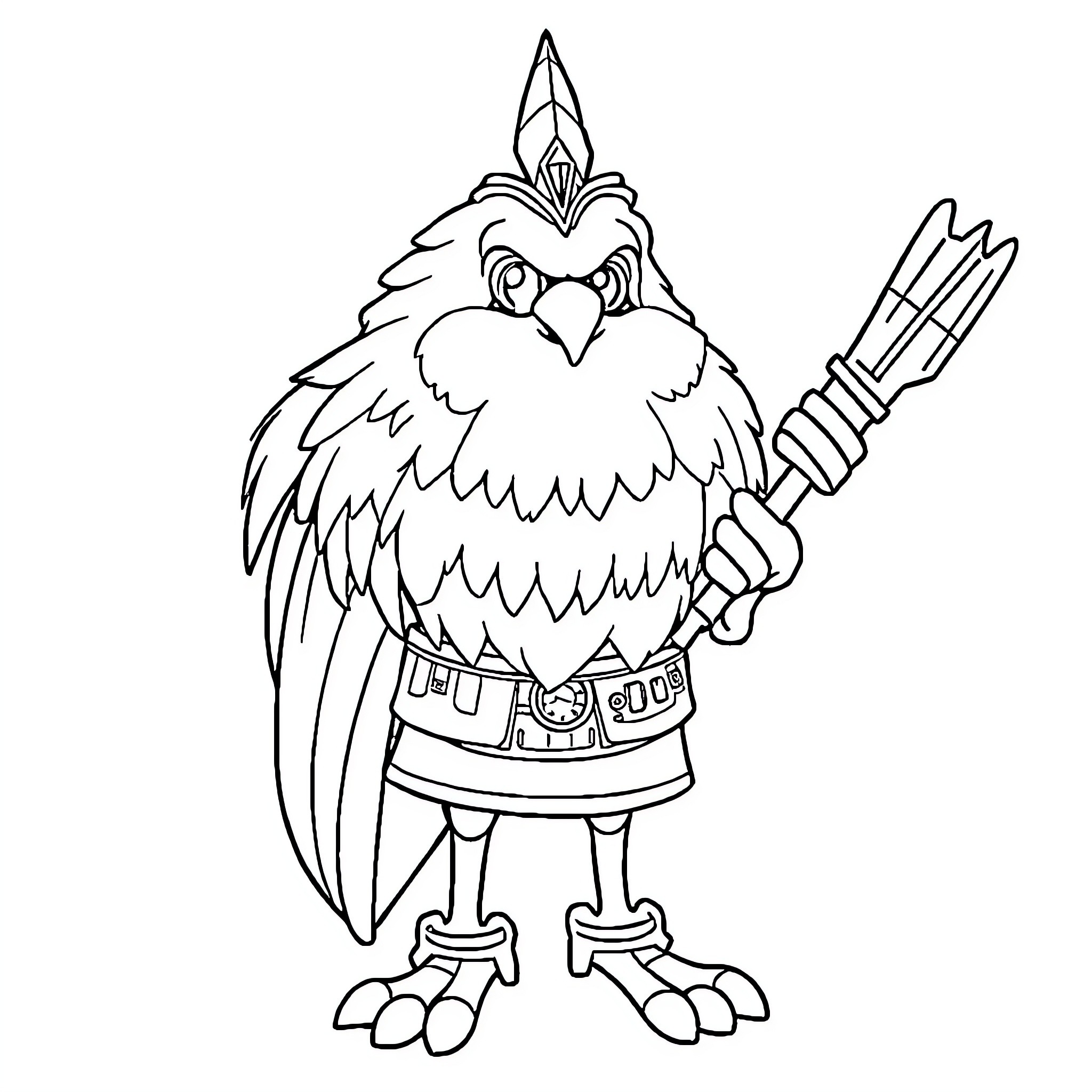 Drawing of an armed eagle warrior Coloring Page (free black-and-white line drawing printable PDF for all, from beginners to advanced learners, including children, teens, adults, and seniors)