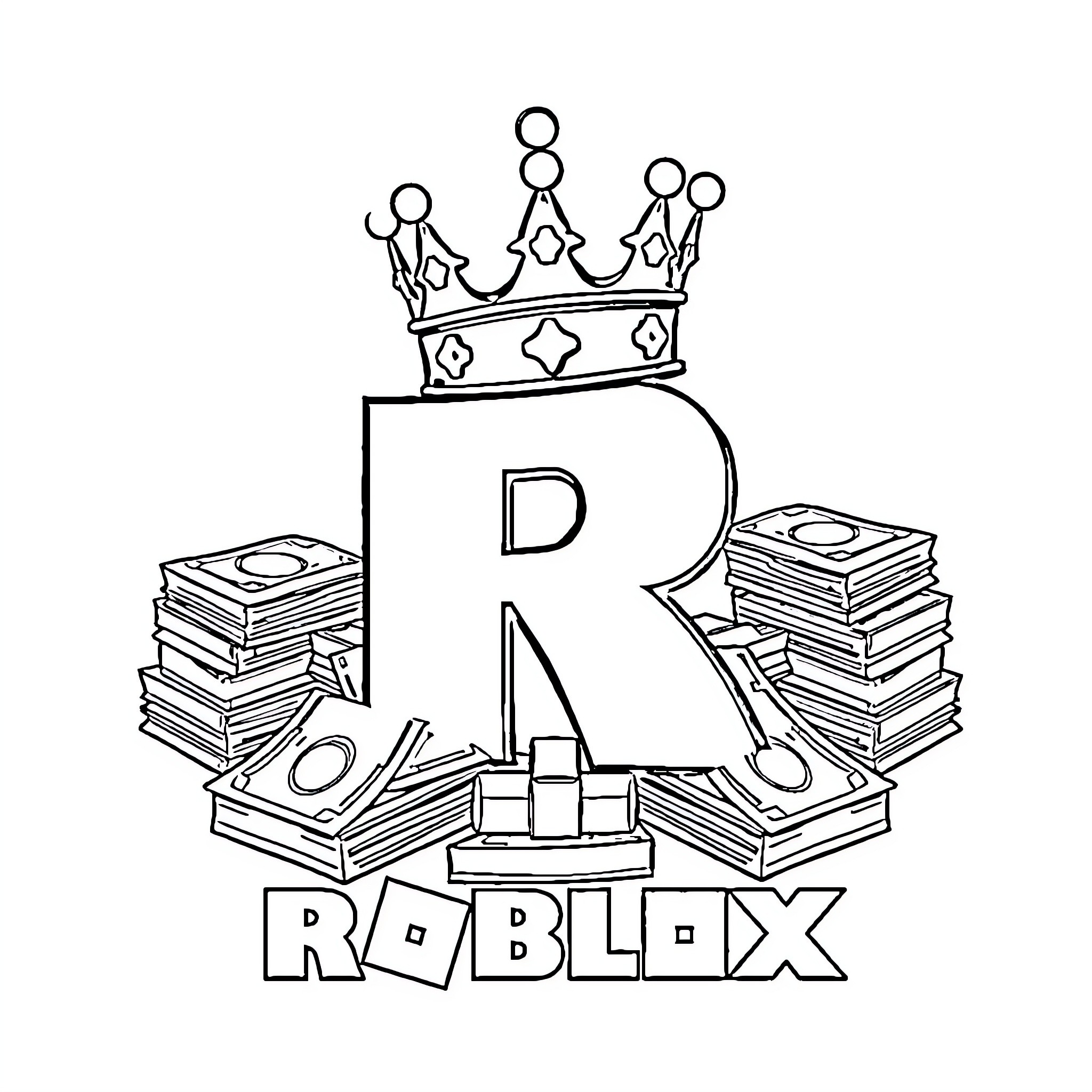 Roblox logo with crown and books Coloring Page (free black-and-white line drawing printable PDF for all, from beginners to advanced learners, including children, teens, adults, and seniors)