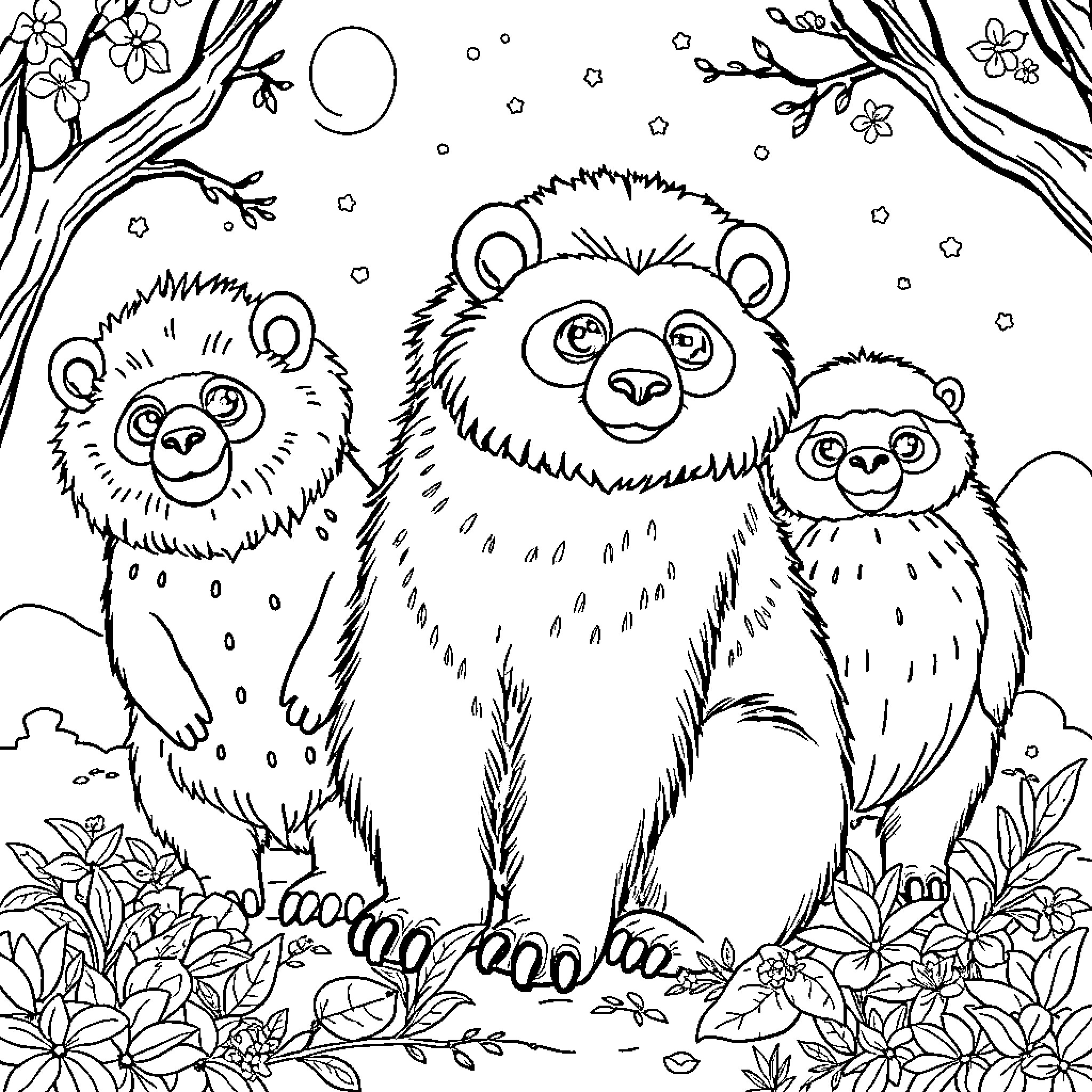 Ursinho bears playing in the winter wonderland Coloring Page (free black-and-white line drawing printable PDF for all, from beginners to advanced learners, including children, teens, adults, and seniors)