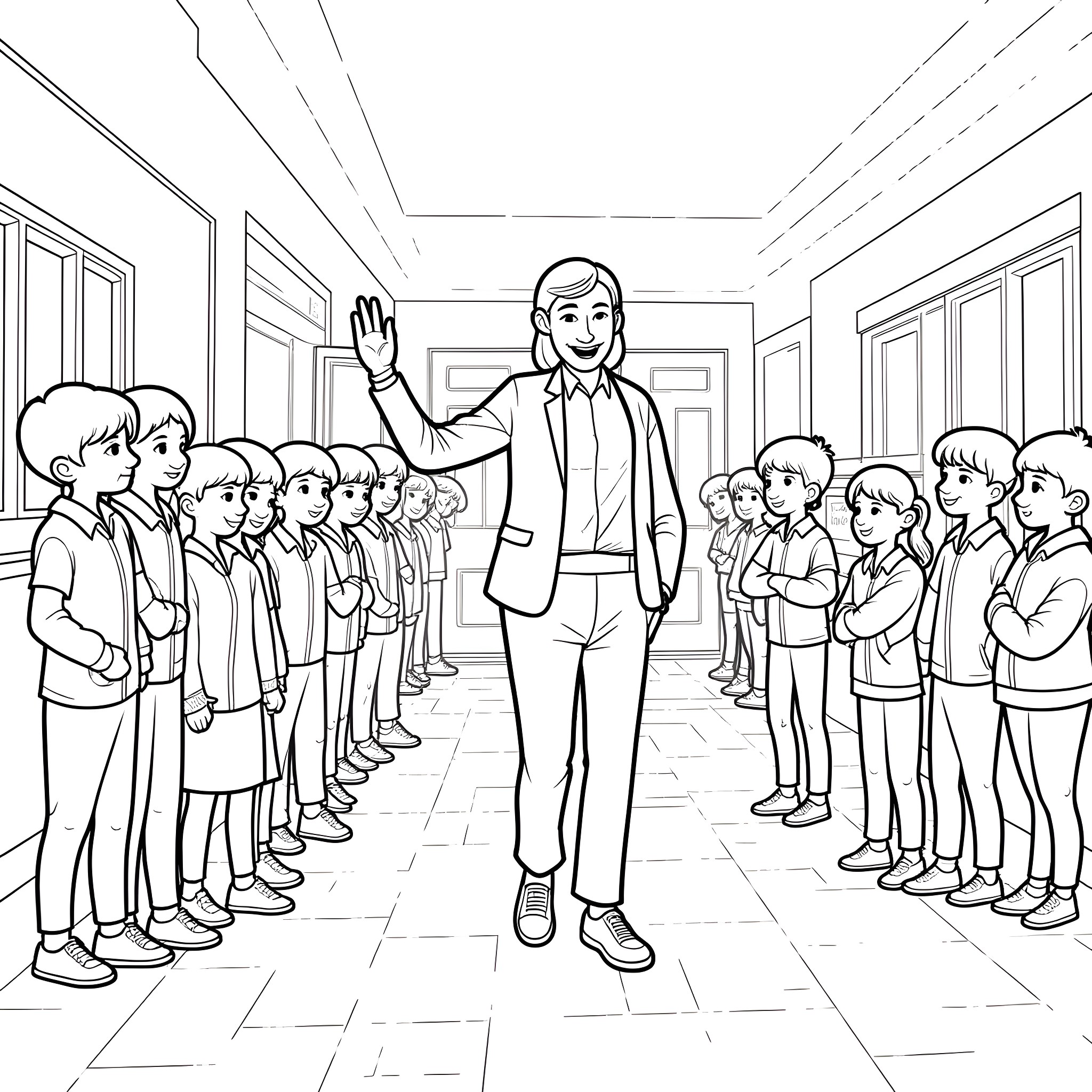 Principal addressing a group of students in the hallway Coloring Page (free black-and-white line drawing printable PDF for all, from beginners to advanced learners, including children, teens, adults, and seniors)