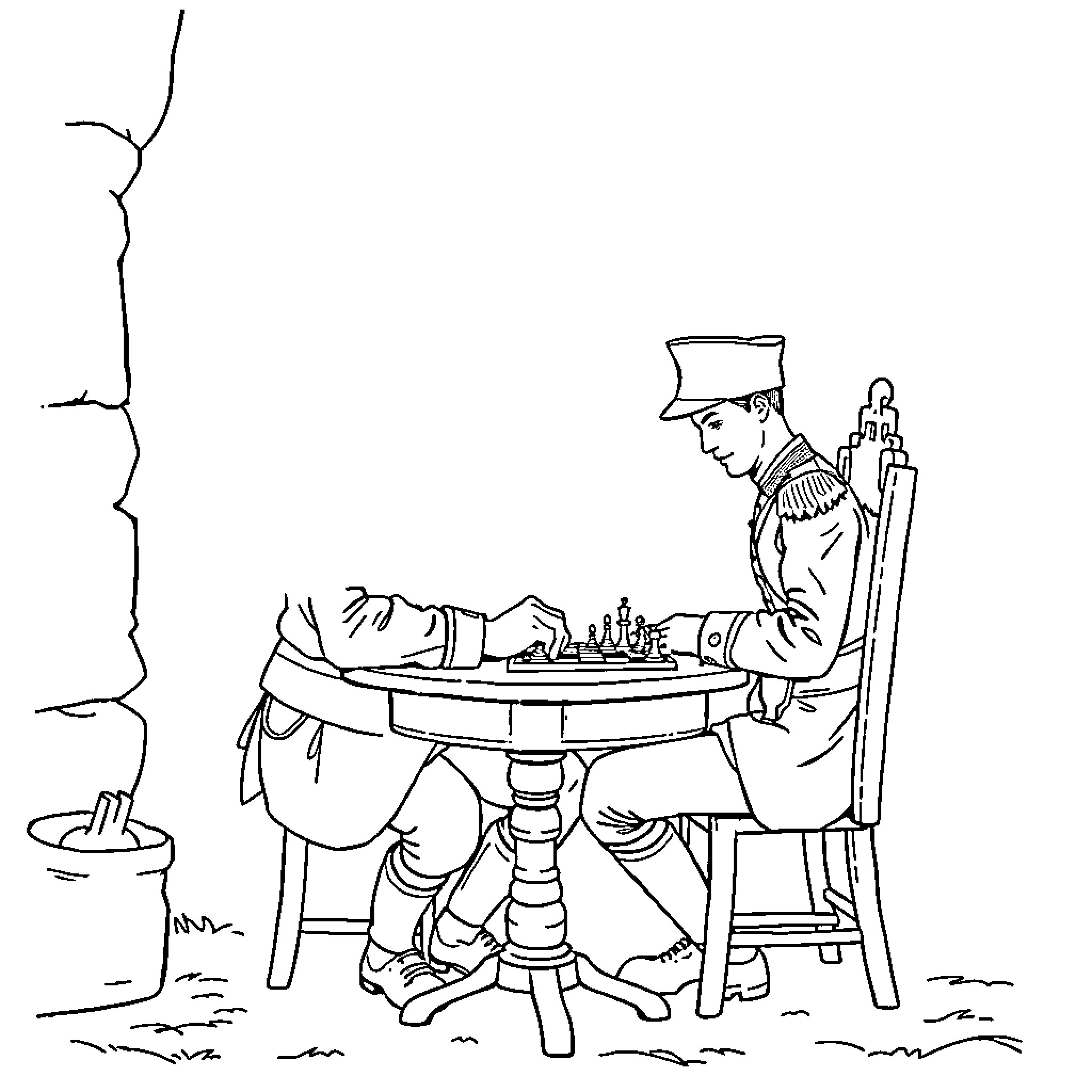 Soldier playing chess in the field Coloring Page (free black-and-white line drawing printable PDF for all, from beginners to advanced learners, including children, teens, adults, and seniors)