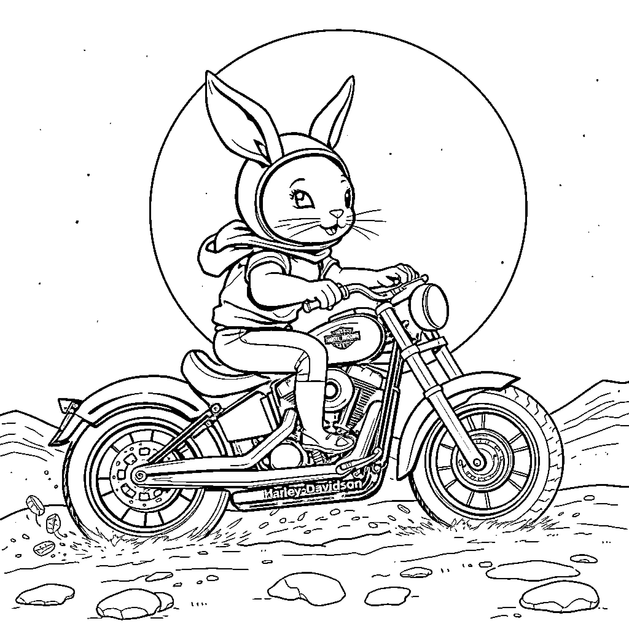 Rabbit riding a motorcycle in the desert Coloring Page (free black-and-white line drawing printable PDF for all, from beginners to advanced learners, including children, teens, adults, and seniors)