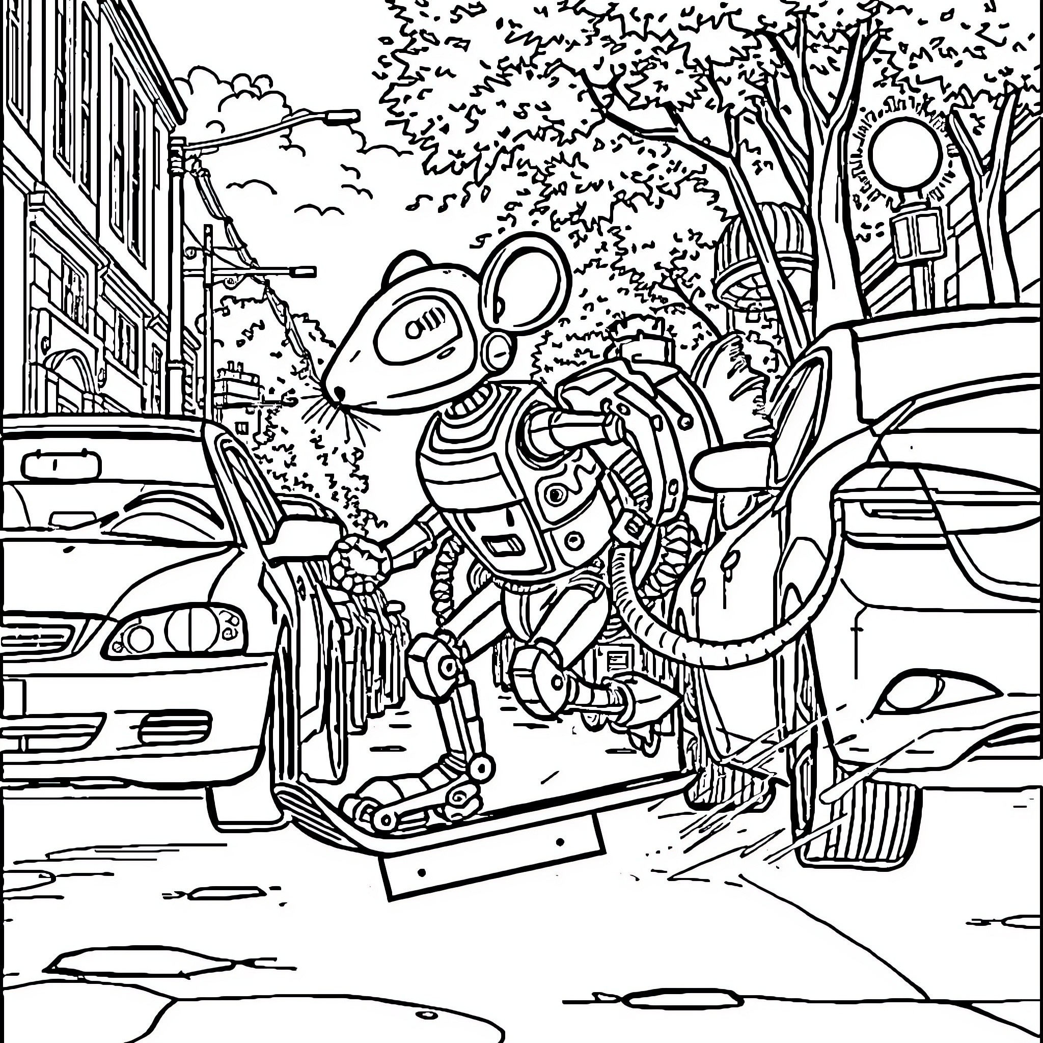 Rat Robot Exploring Futuristic City Landscape Coloring Page (free black-and-white line drawing printable PDF for all, from beginners to advanced learners, including children, teens, adults, and seniors)